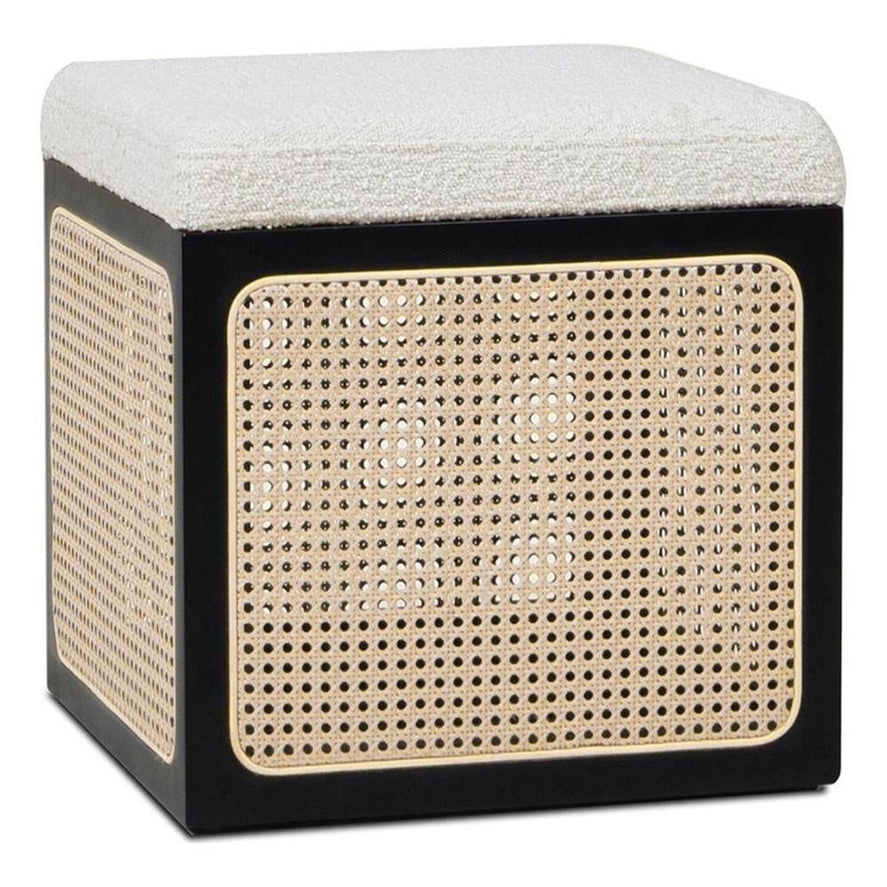 Ivory White Boucle and Cane Webbing Cube Ottoman