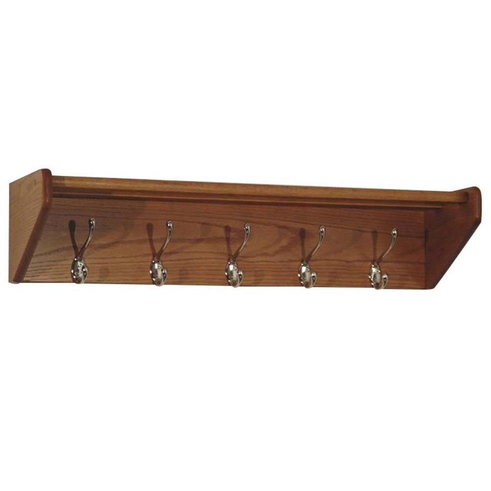 Medium Oak Wall Mounted Coat Rack with Brass Hooks