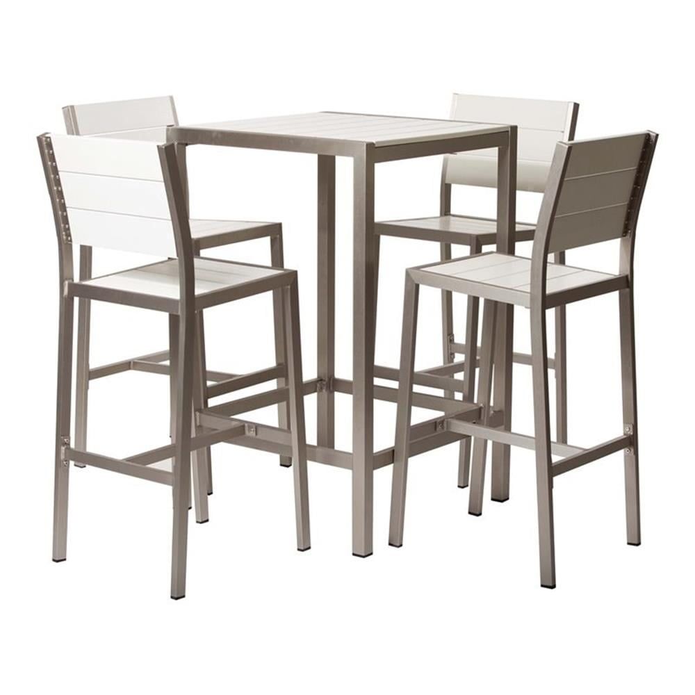 White Aluminum Frame 5-Piece Patio Bar Set with Polyresin Top