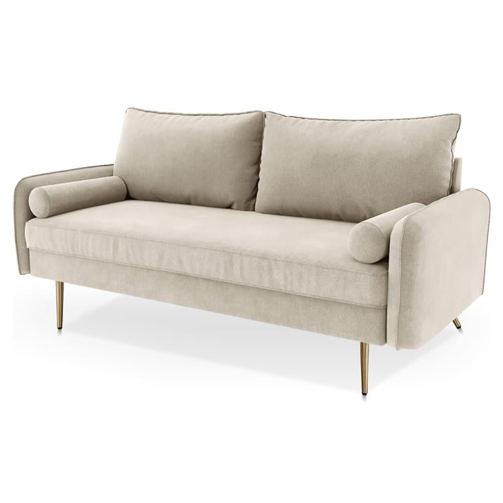 Beige Velvet and Wood Sofa with Round Track Arms, 70"