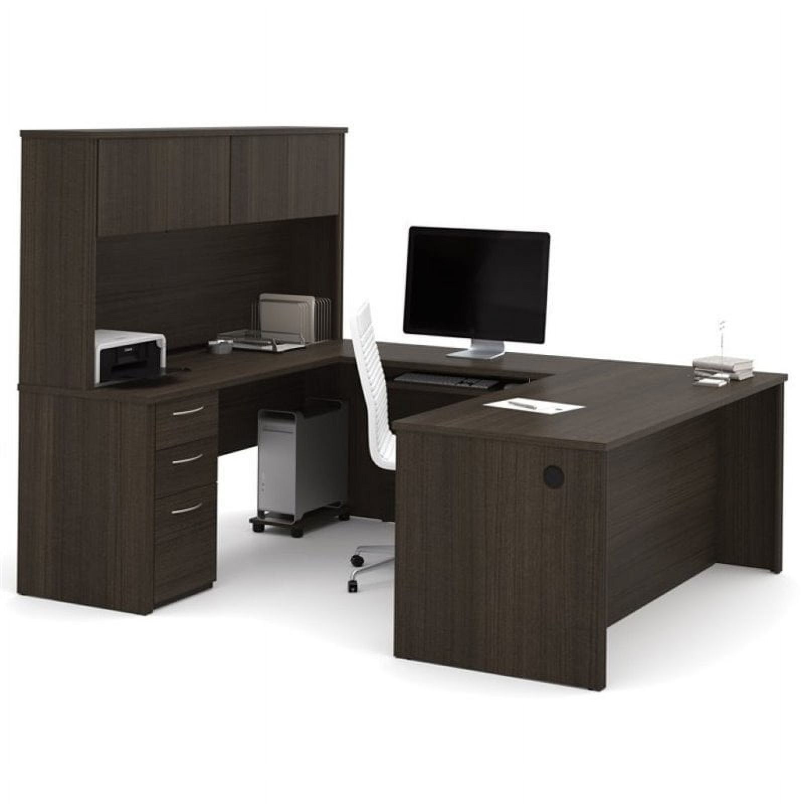 Brown U-Shaped Executive Desk with Hutch and Drawers