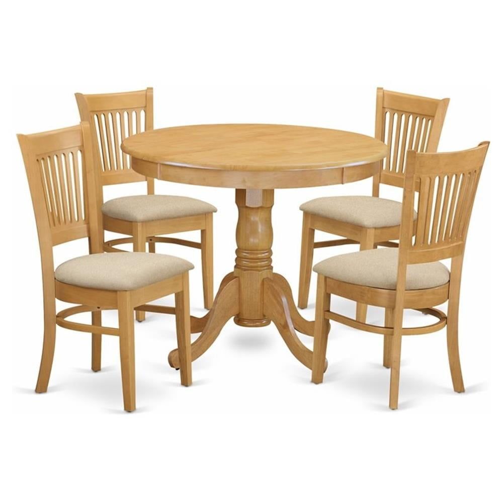 Oak Finish Traditional Round Dining Table Set with 4 Chairs