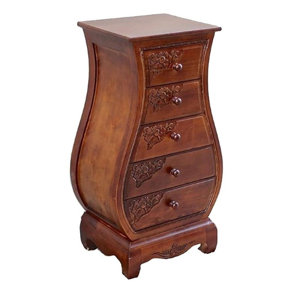 Hand Carved Walnut Stain China Oak 5-Drawer Bombay Chest