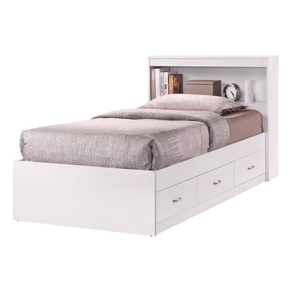 White Twin Wood Captain's Bed with Storage and Bookcase Headboard