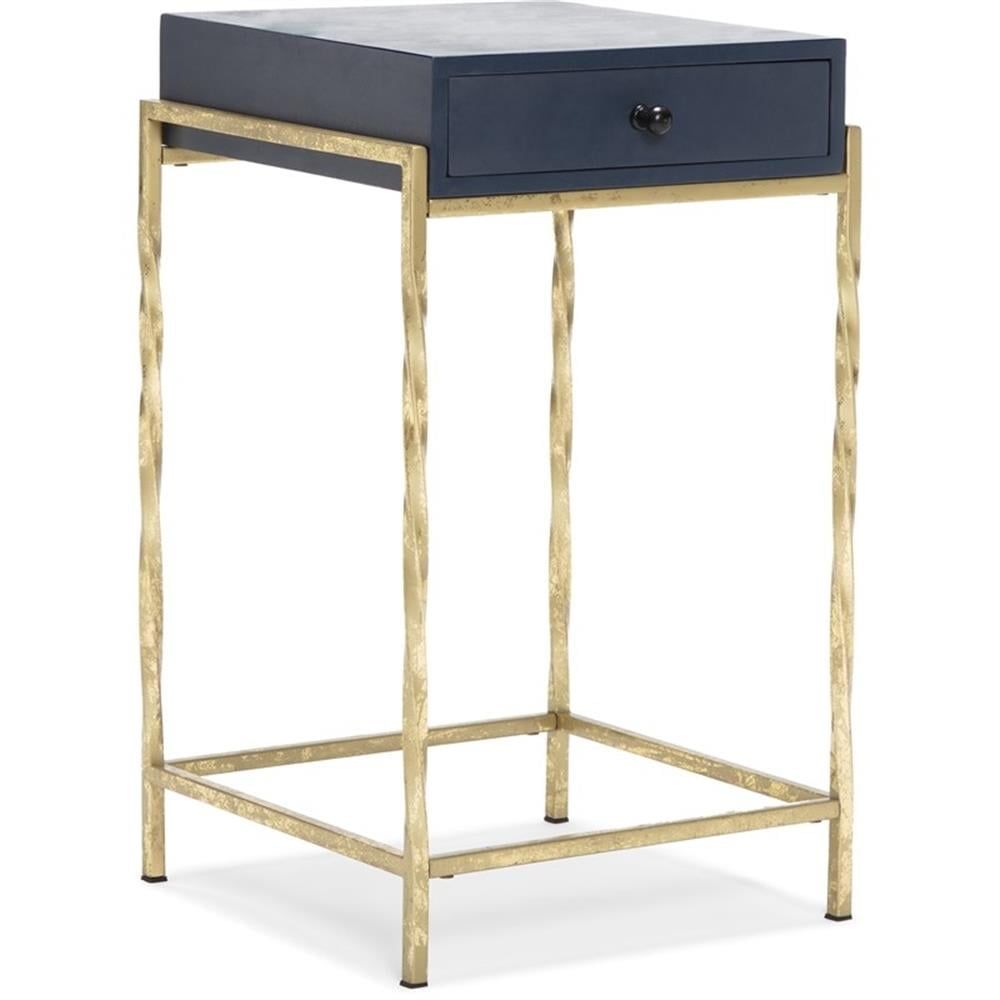 Navy Blue and Gold Metal Accent Table with Storage Drawer