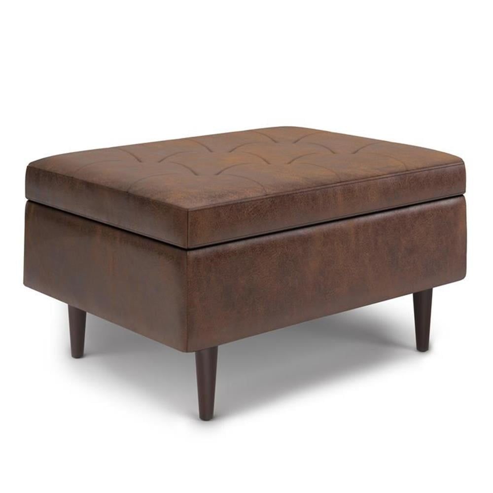 Mid-Century Chestnut Brown Faux Leather Storage Ottoman