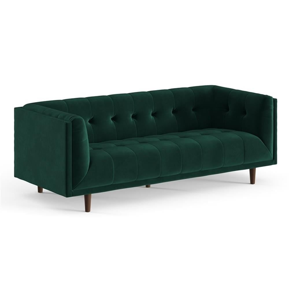 Emerald Green Velvet Tufted Tuxedo Arm Sofa with Oak Legs
