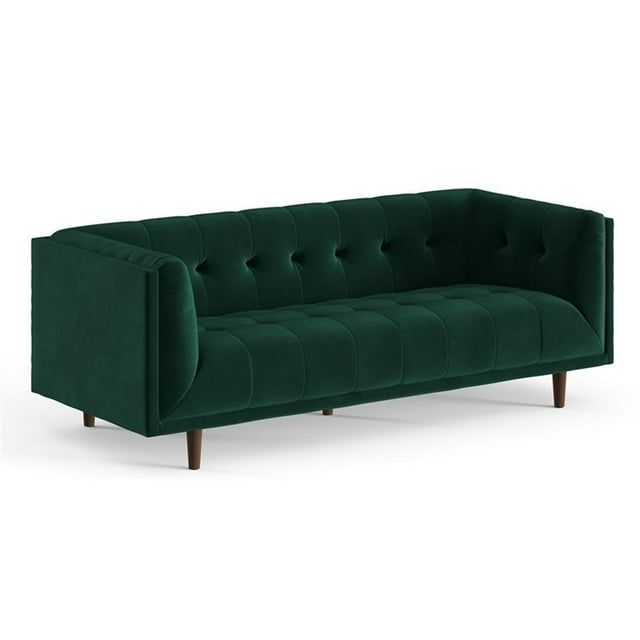 Emerald Green Velvet Tufted Tuxedo Arm Sofa with Oak Legs