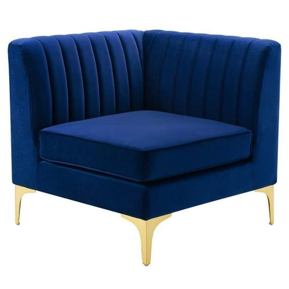 Navy Velvet Channel Tufted Corner Chair with Gold Legs