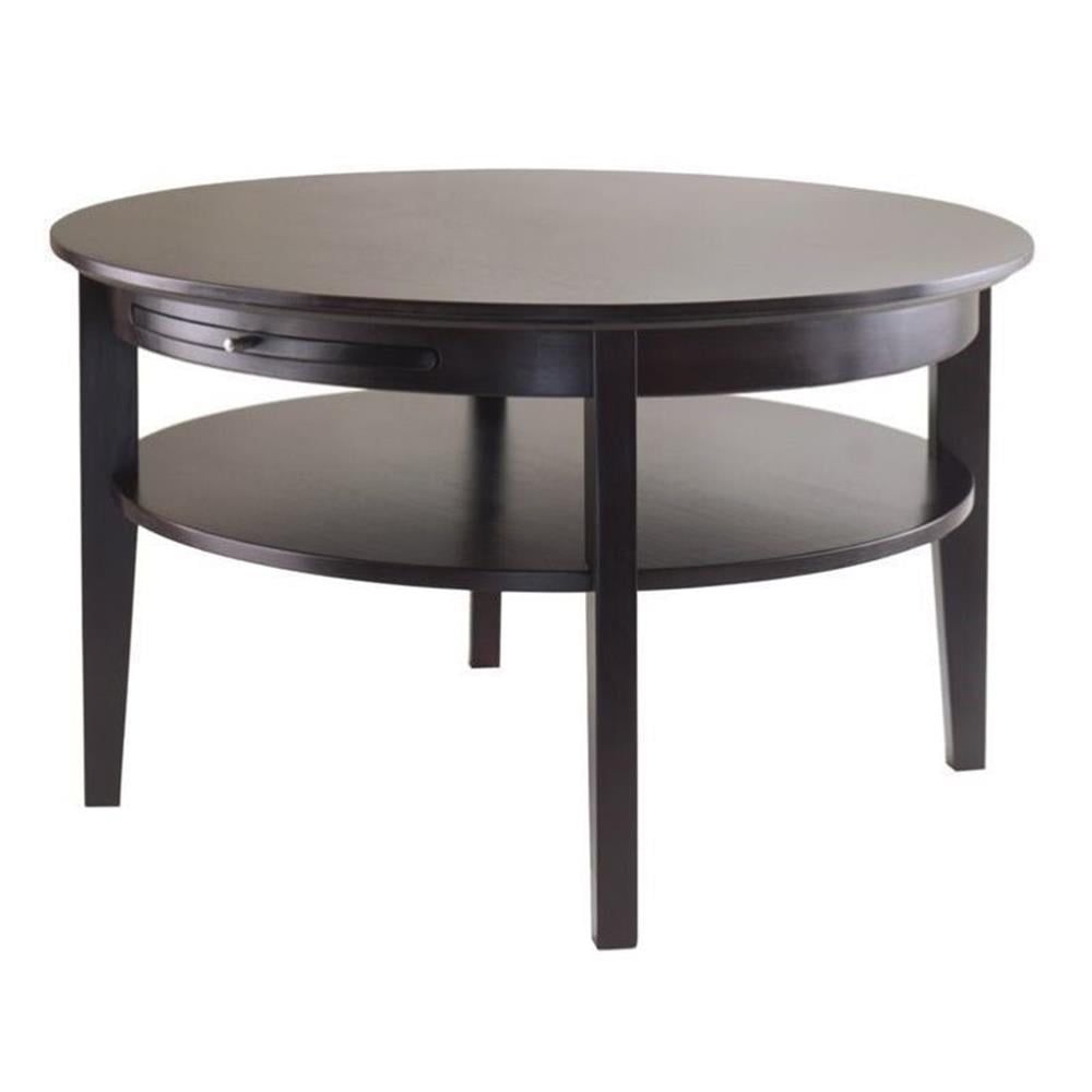 Dark Espresso Round Wood Coffee Table with Pull Out Tray