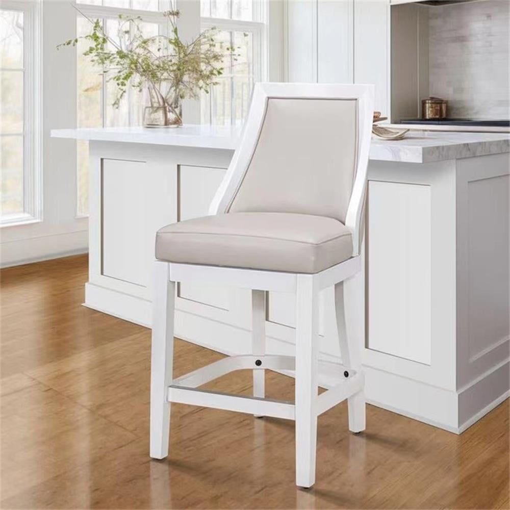 Alabaster White Wood and Faux Leather Swivel Bar Stool