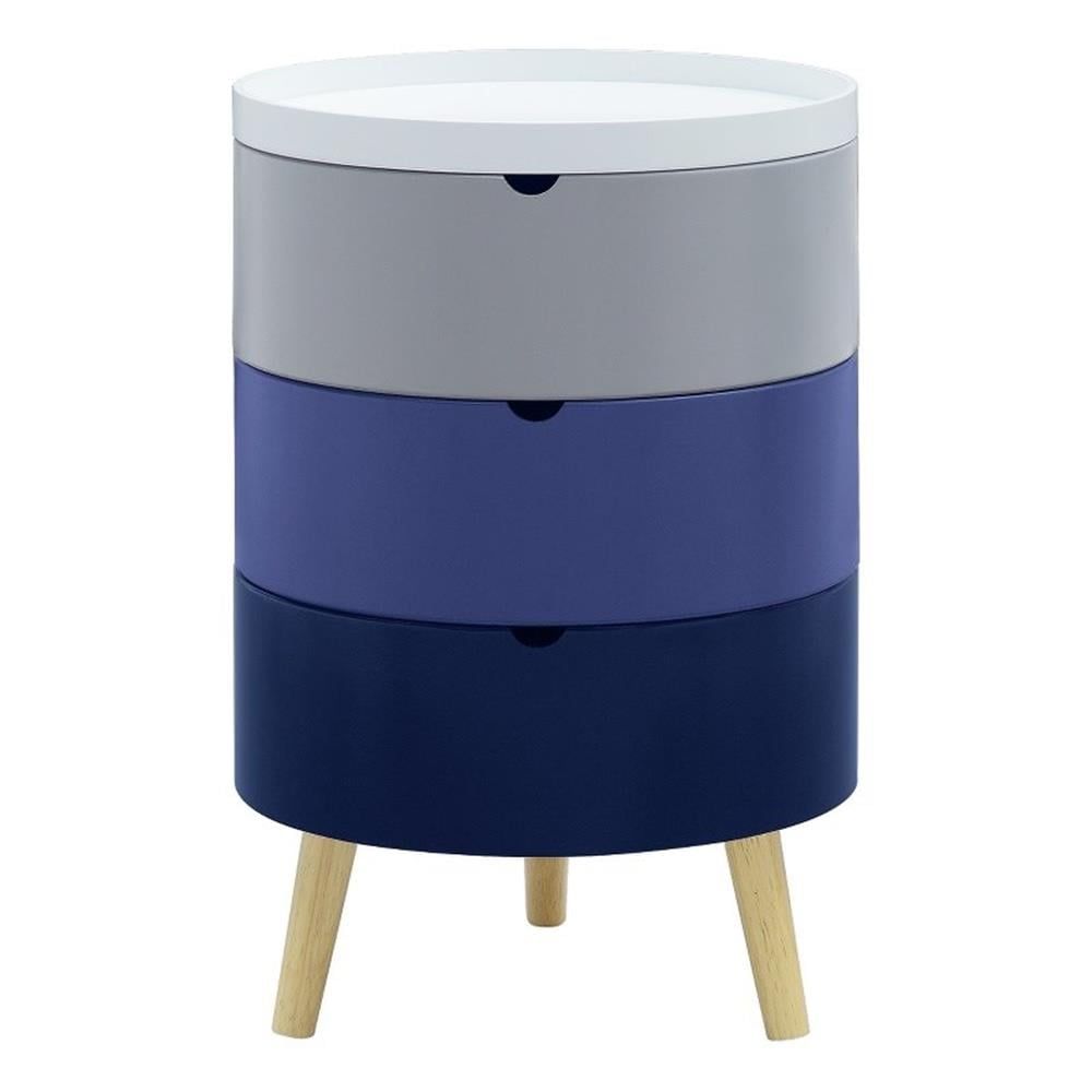 White and Blue Round Tray Top End Table with Storage Bins