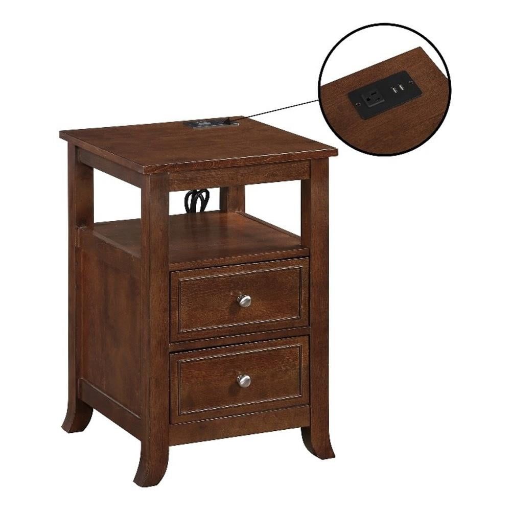 Espresso Wood Two-Drawer End Table with Charging Station