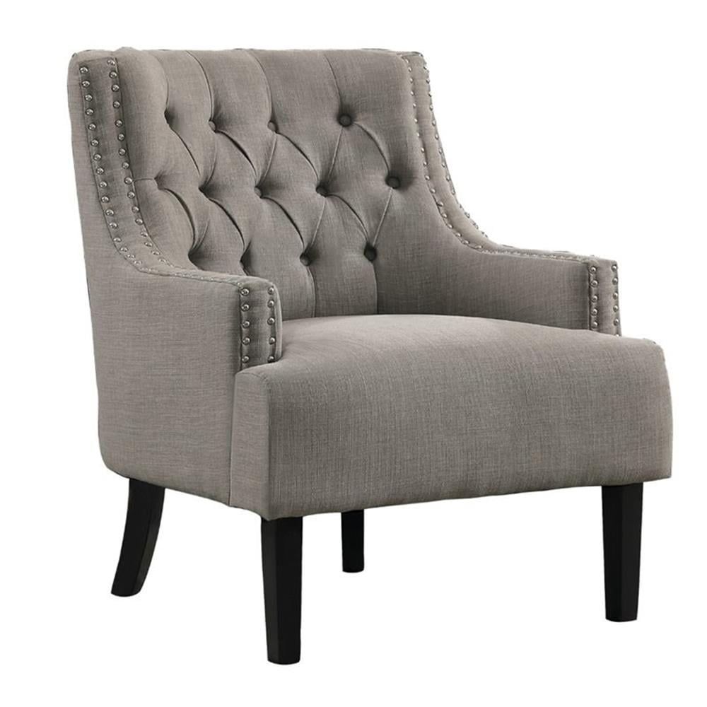 Gray Upholstered Armchair with Nailhead Trim and Espresso Legs