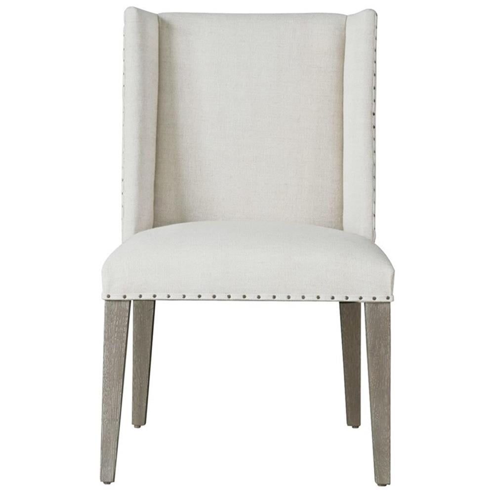 Flint Gray Belgian Linen Upholstered Dining Chair with Nailhead Trim