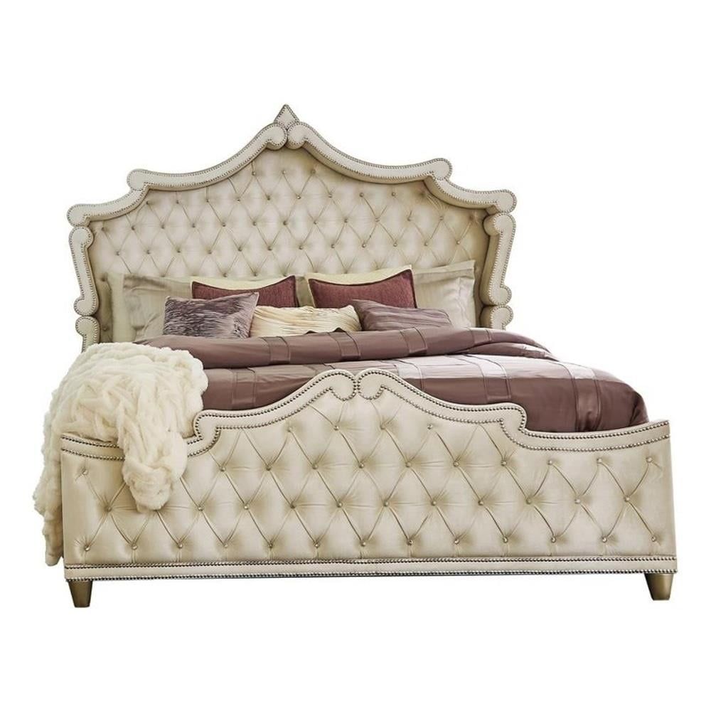 Ivory and Camel Velvet King Bed with Tufted Headboard