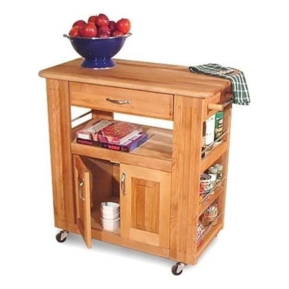 Natural Finish Hardwood Kitchen Island Cart with Locking Casters