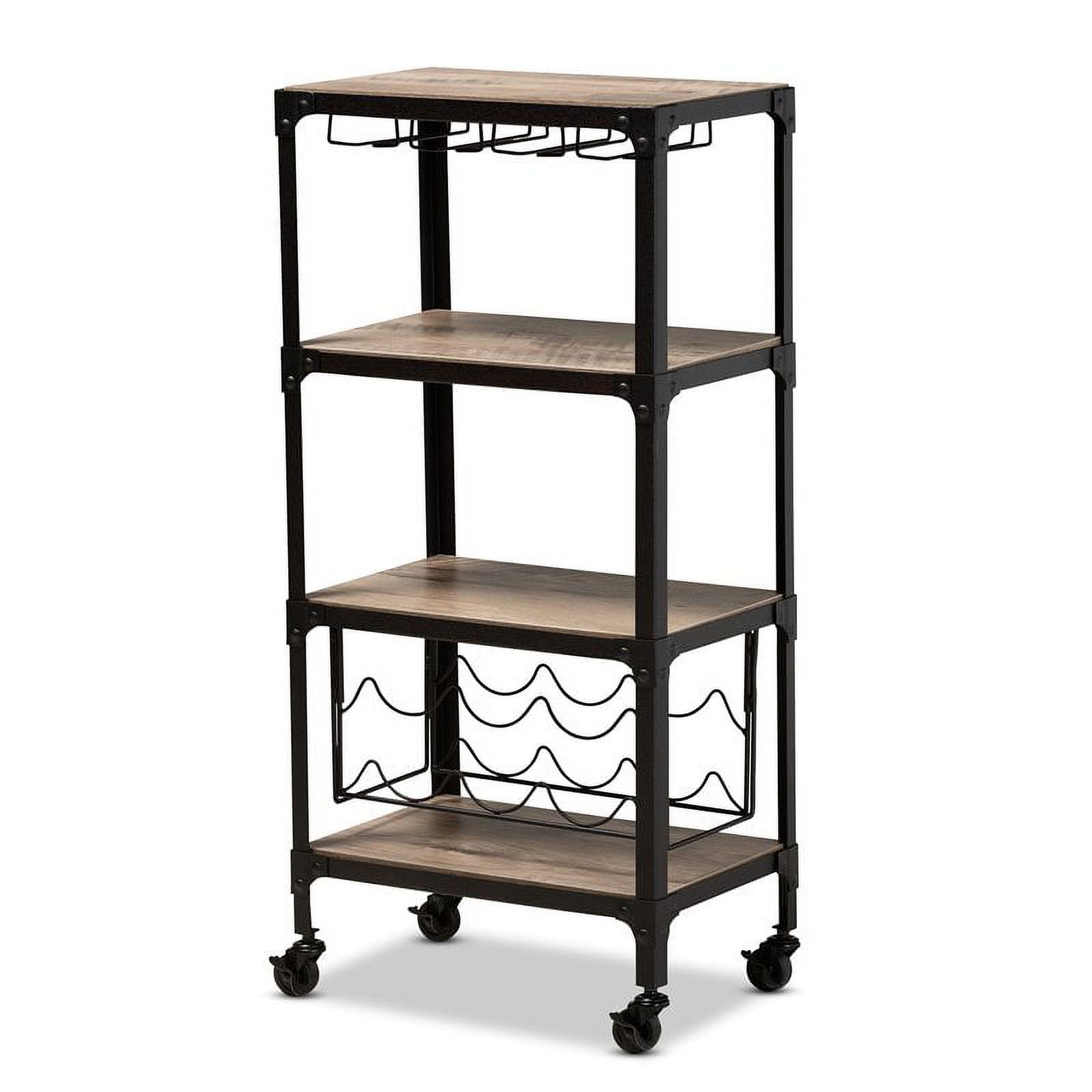 Industrial Black Metal and Wood Mobile Wine Cart with Storage