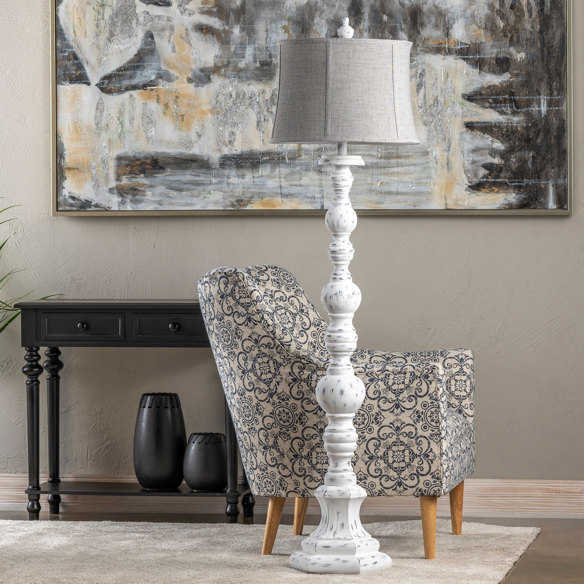 Penelope 66" White Resin Floor Lamp with Gray Linen Shade