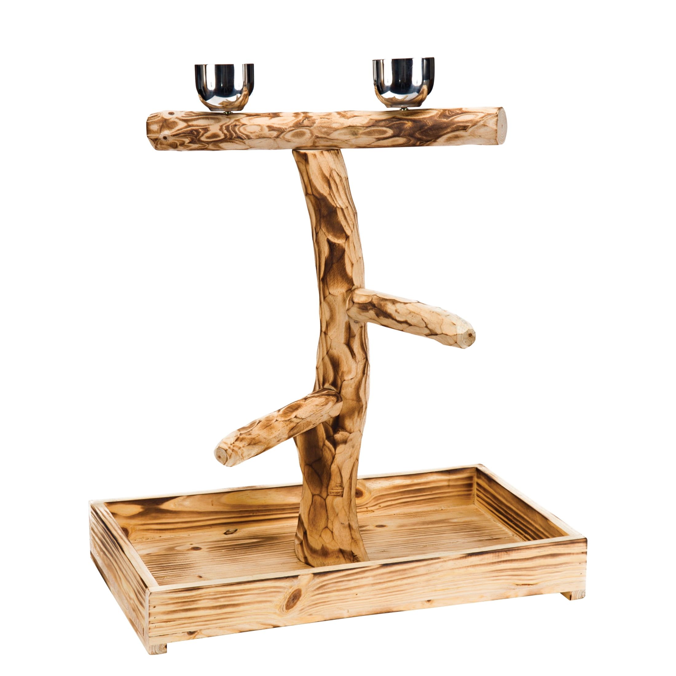 Large Natural Wood Bird Perch with Stainless Steel Cups