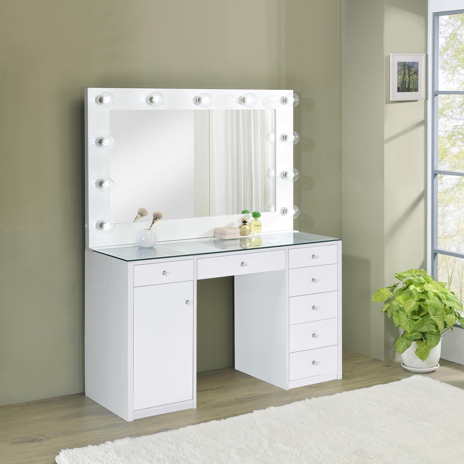 White Glass Top Vanity Desk with LED Mirror and 7 Drawers