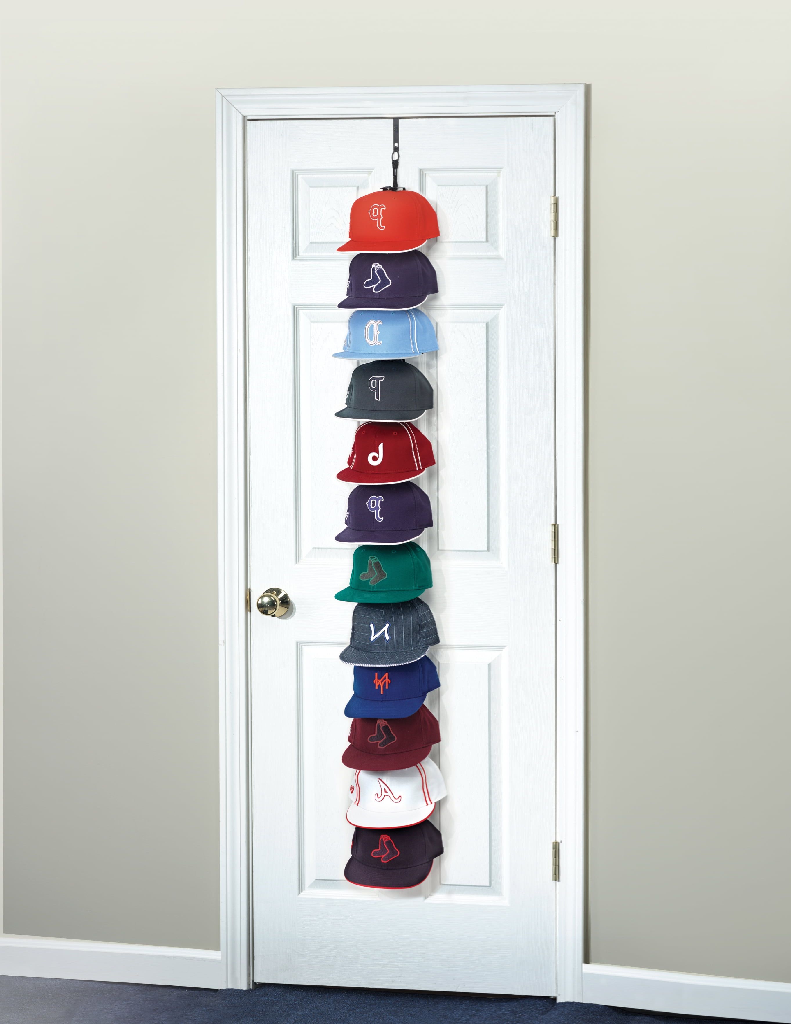 Black Over Door Cap Rack with 12 Adjustable Clips