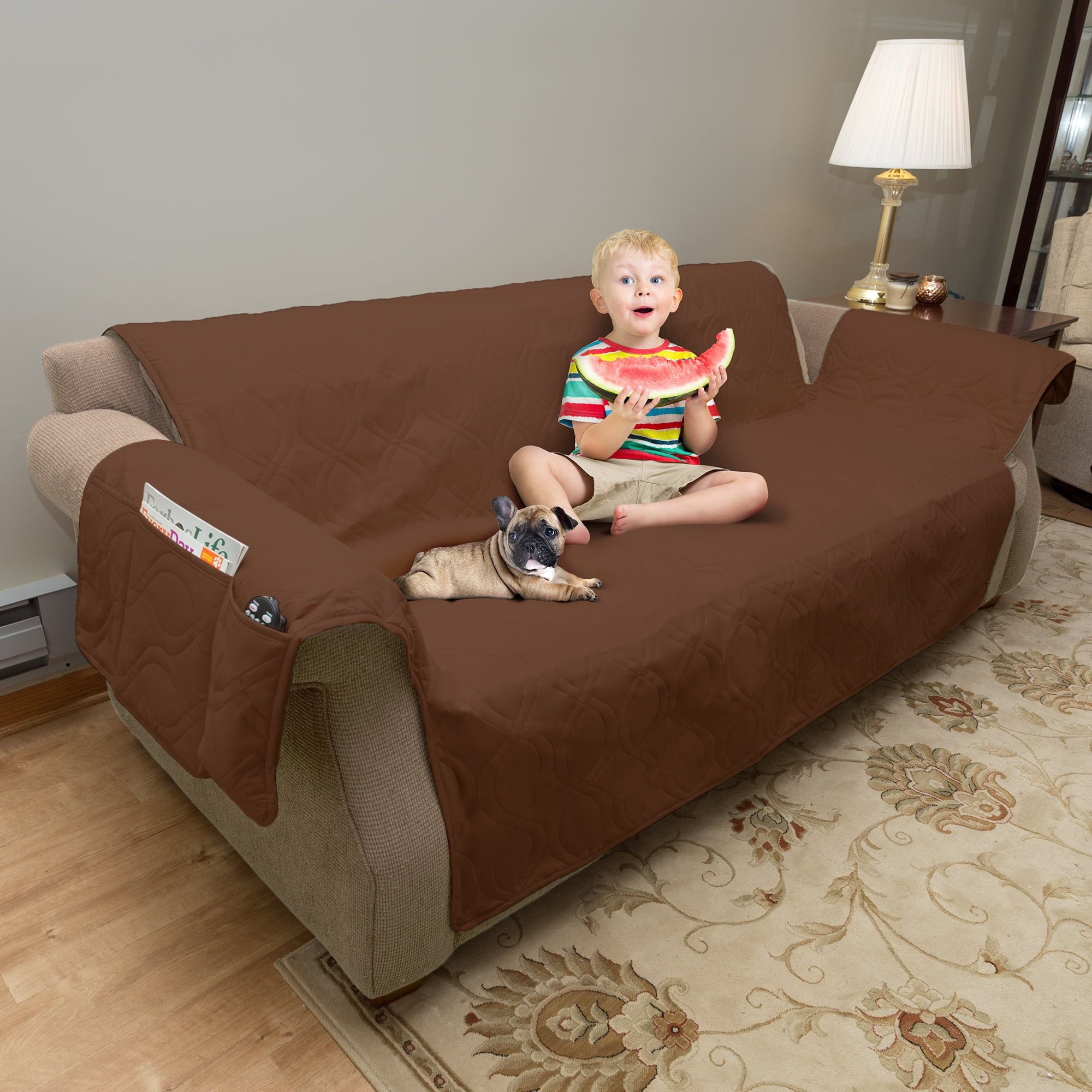 Brown Waterproof Quilted Pet Sofa Slipcover with Pockets