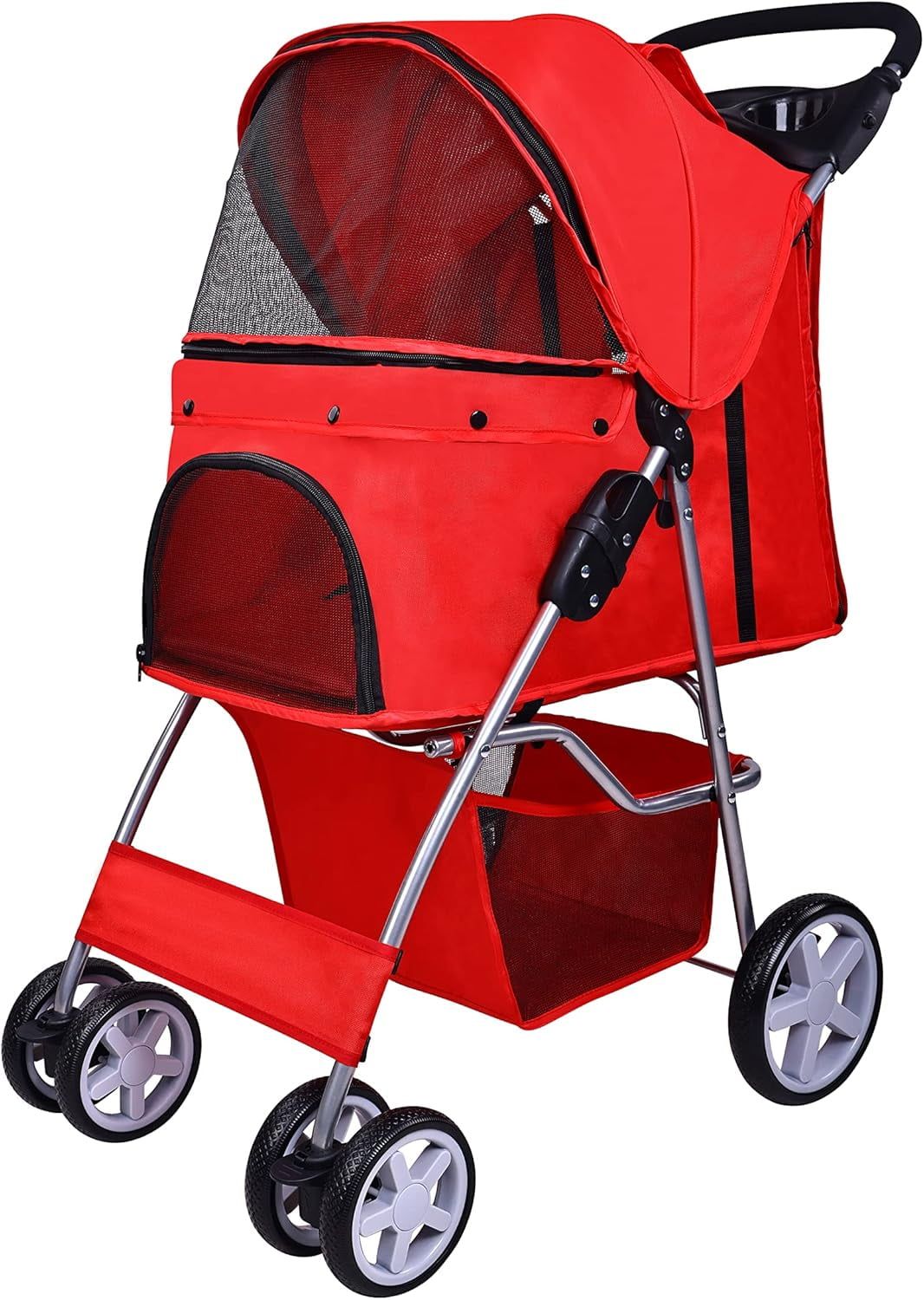 Red 4-Wheel Folding Dog Stroller with Detachable Carrier