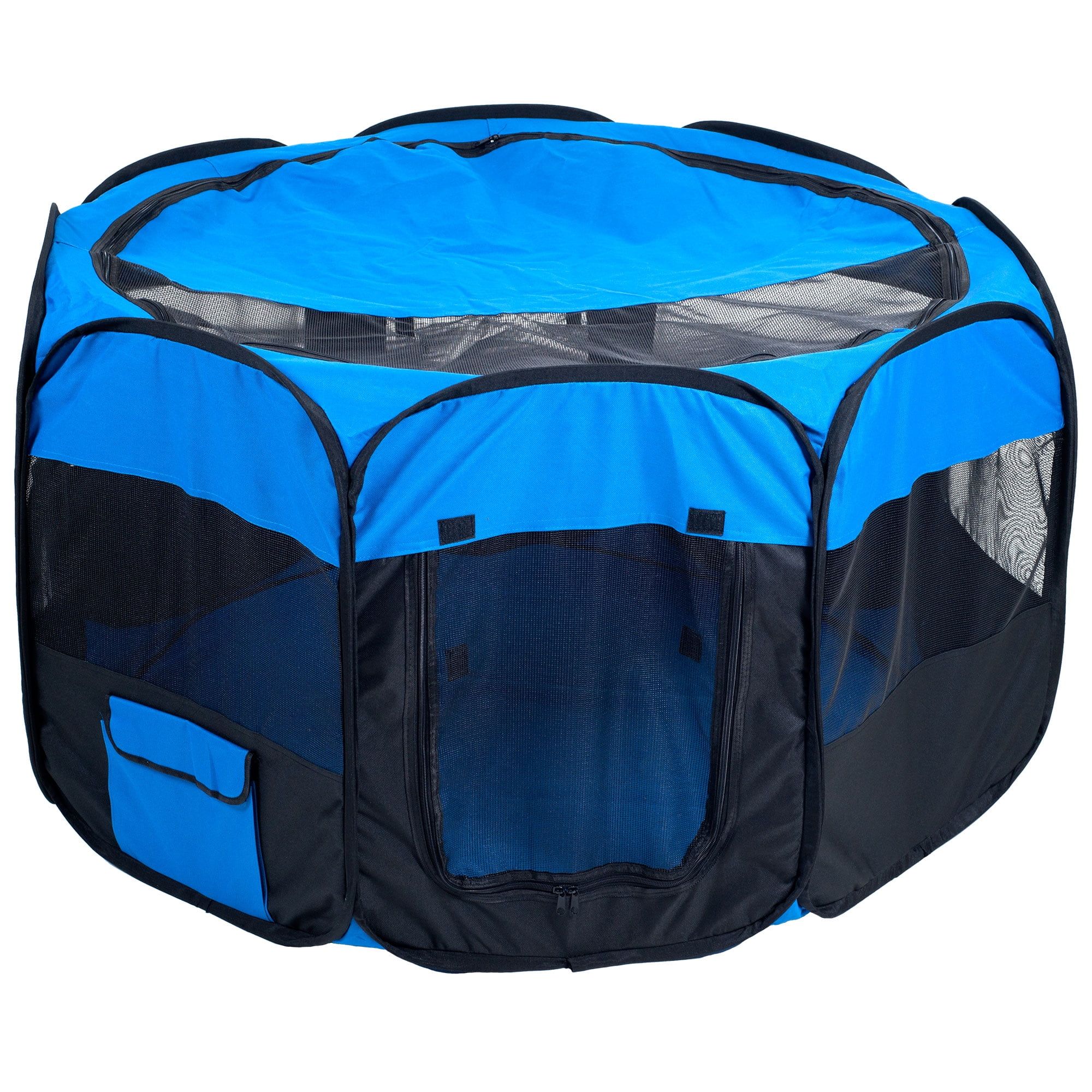 Blue and Black Canvas Pop-Up Pet Playpen with Mesh Sides