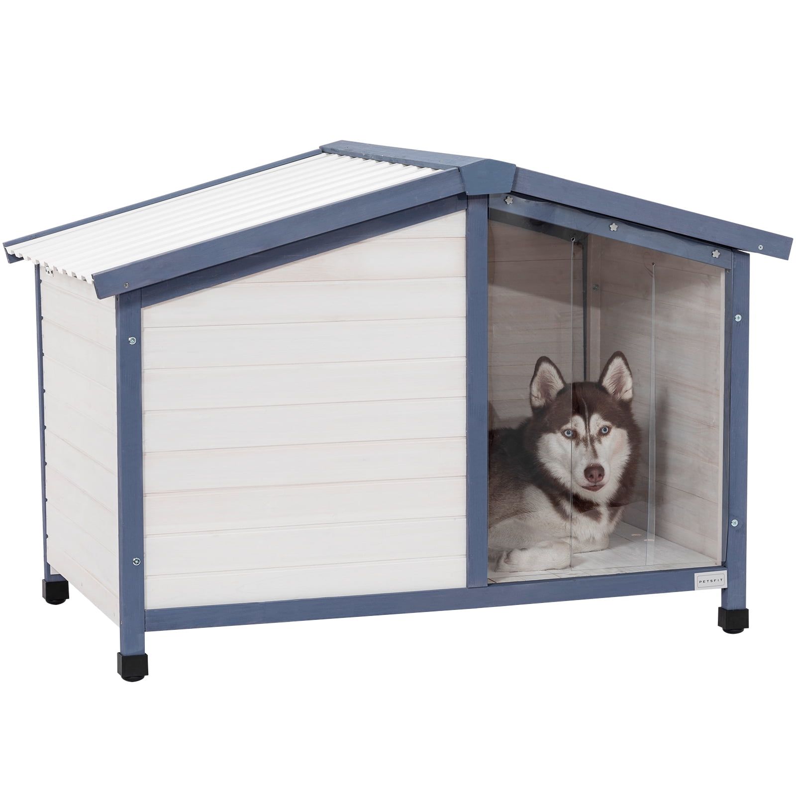 Large White and Blue Wooden Outdoor Dog House with PVC Roof