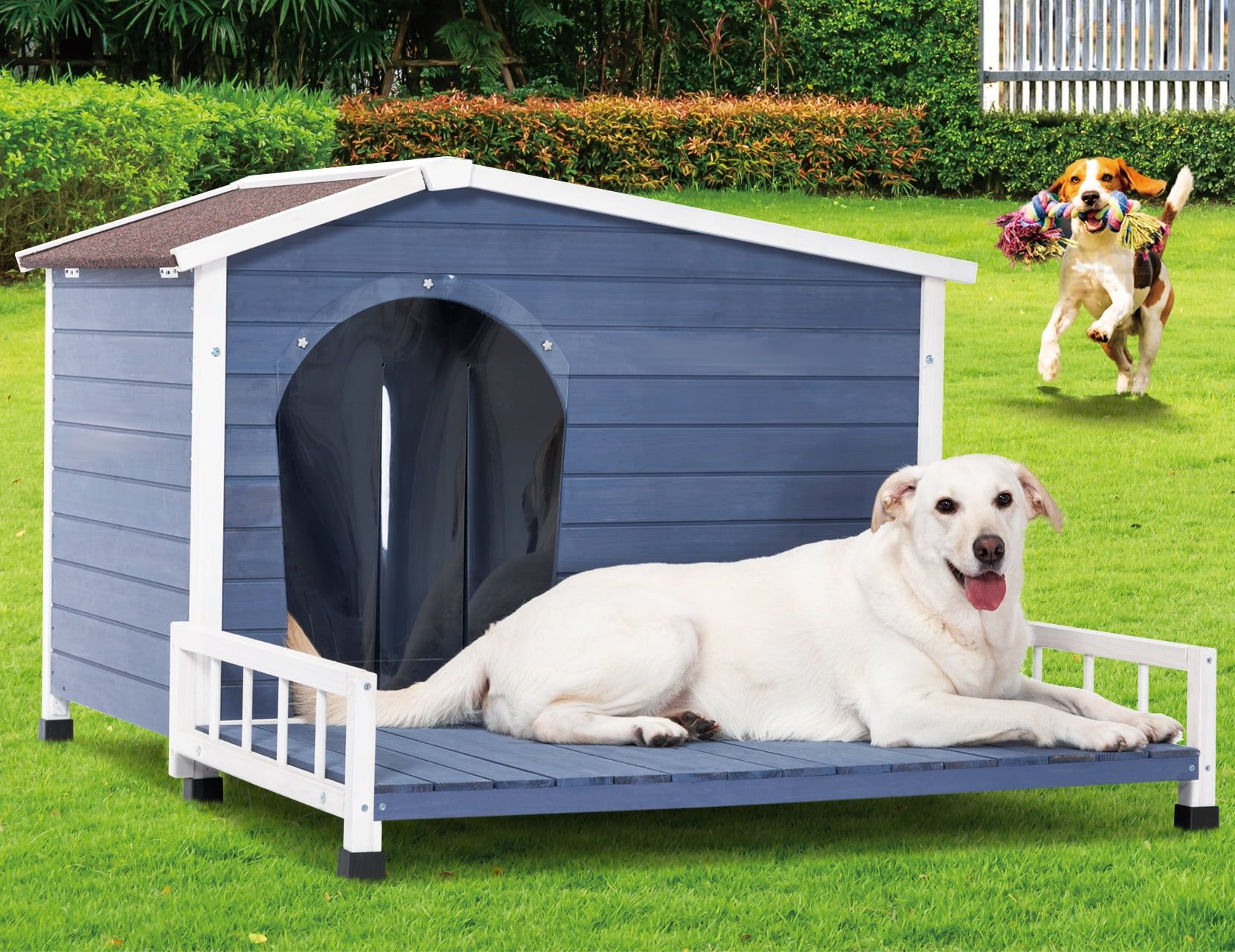 Large Blue Pine Outdoor Dog House with Terrace and Elevated Floor