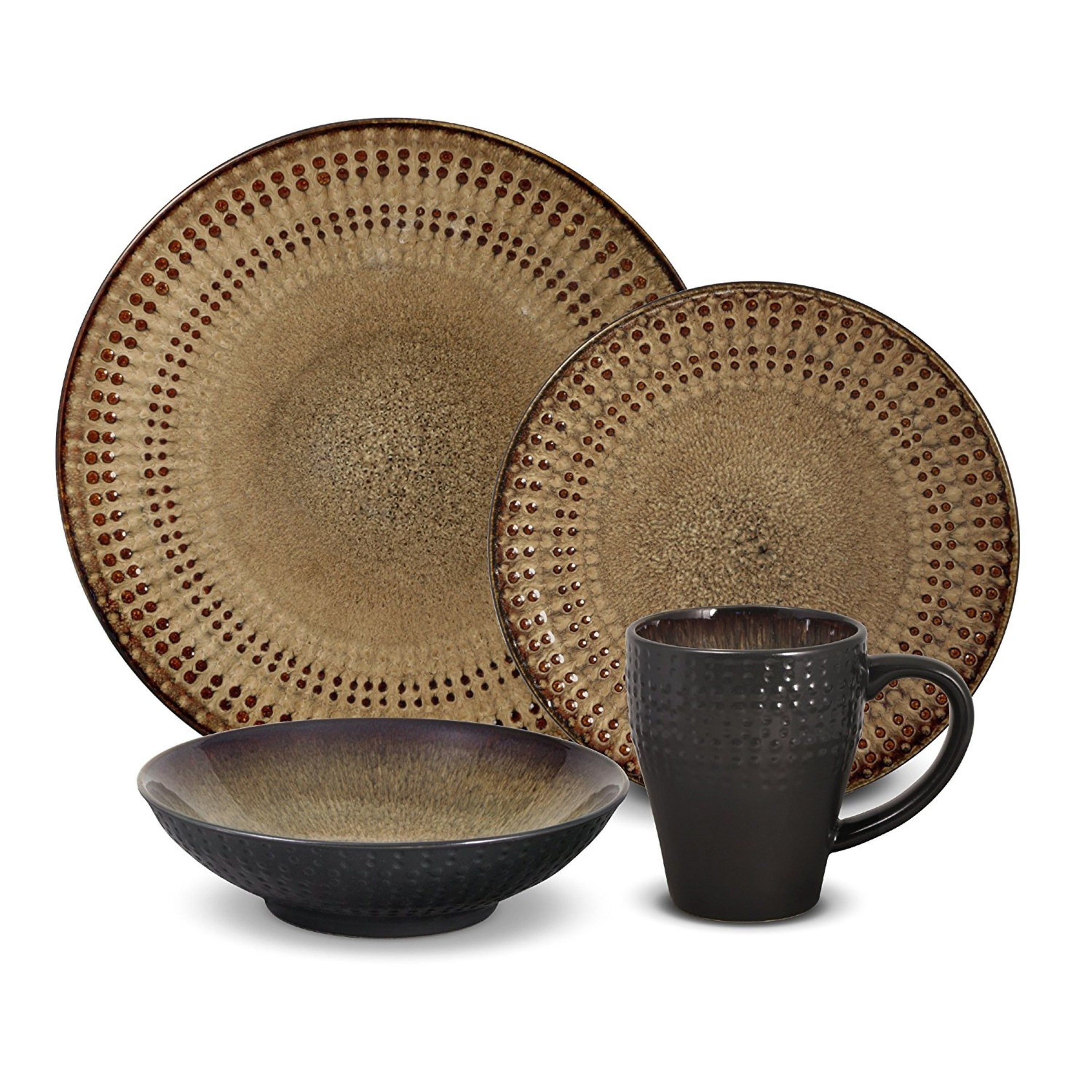 Cambria Brown Ceramic 16-Piece Beaded Dinnerware Set