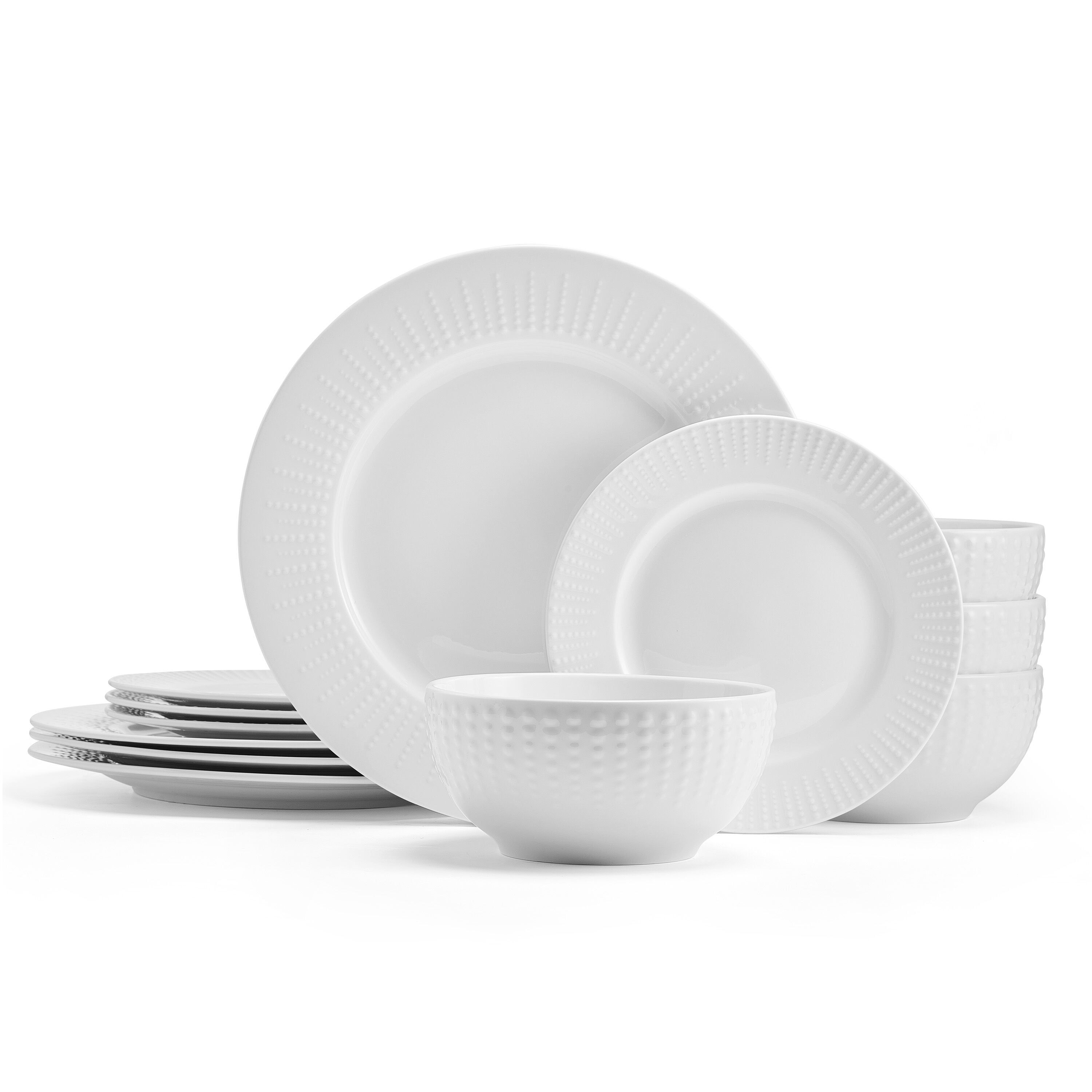 White Embossed Porcelain 12-Piece Dinnerware Set, Service for 4