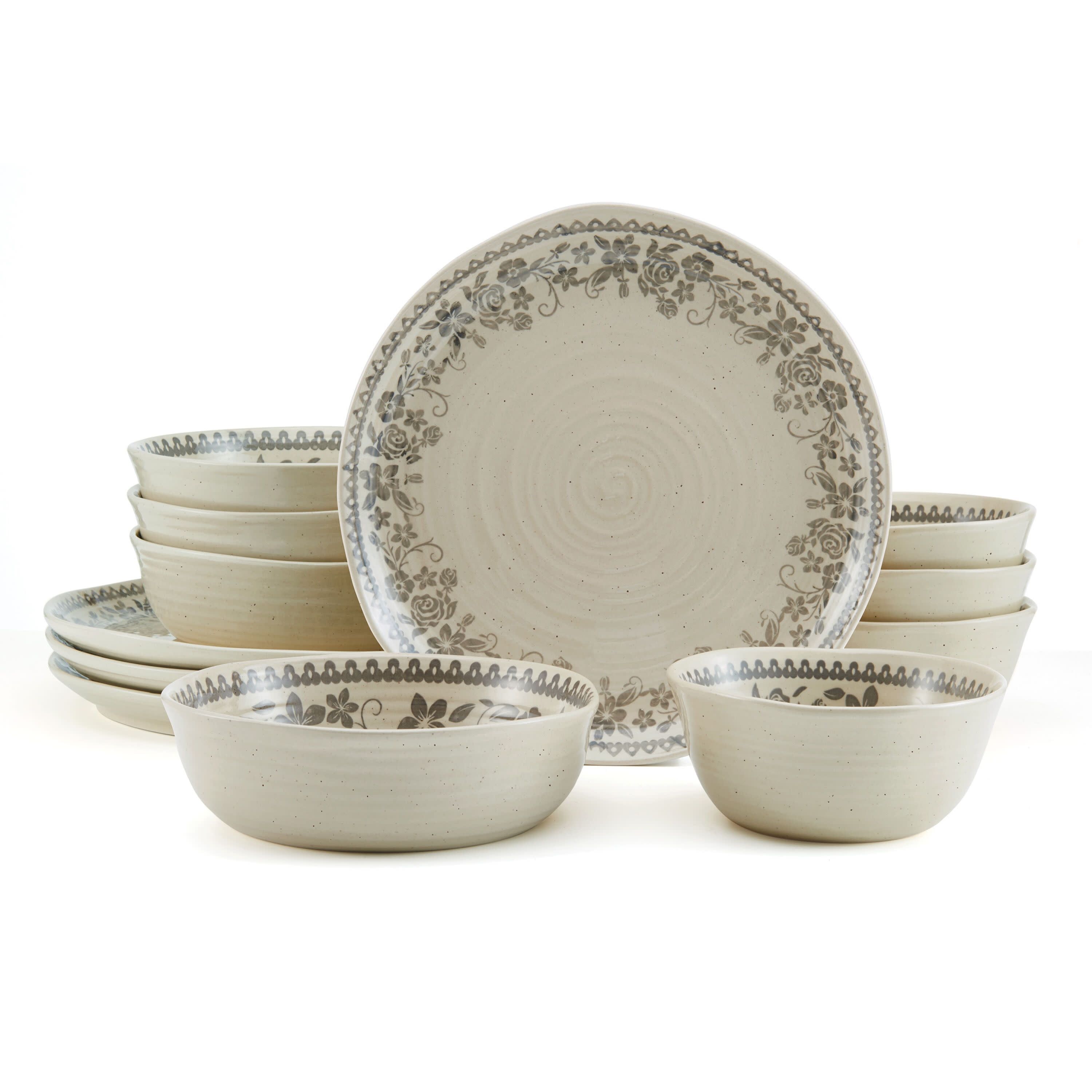 Hayden Grey Floral Ceramic 12-Piece Dinnerware Set