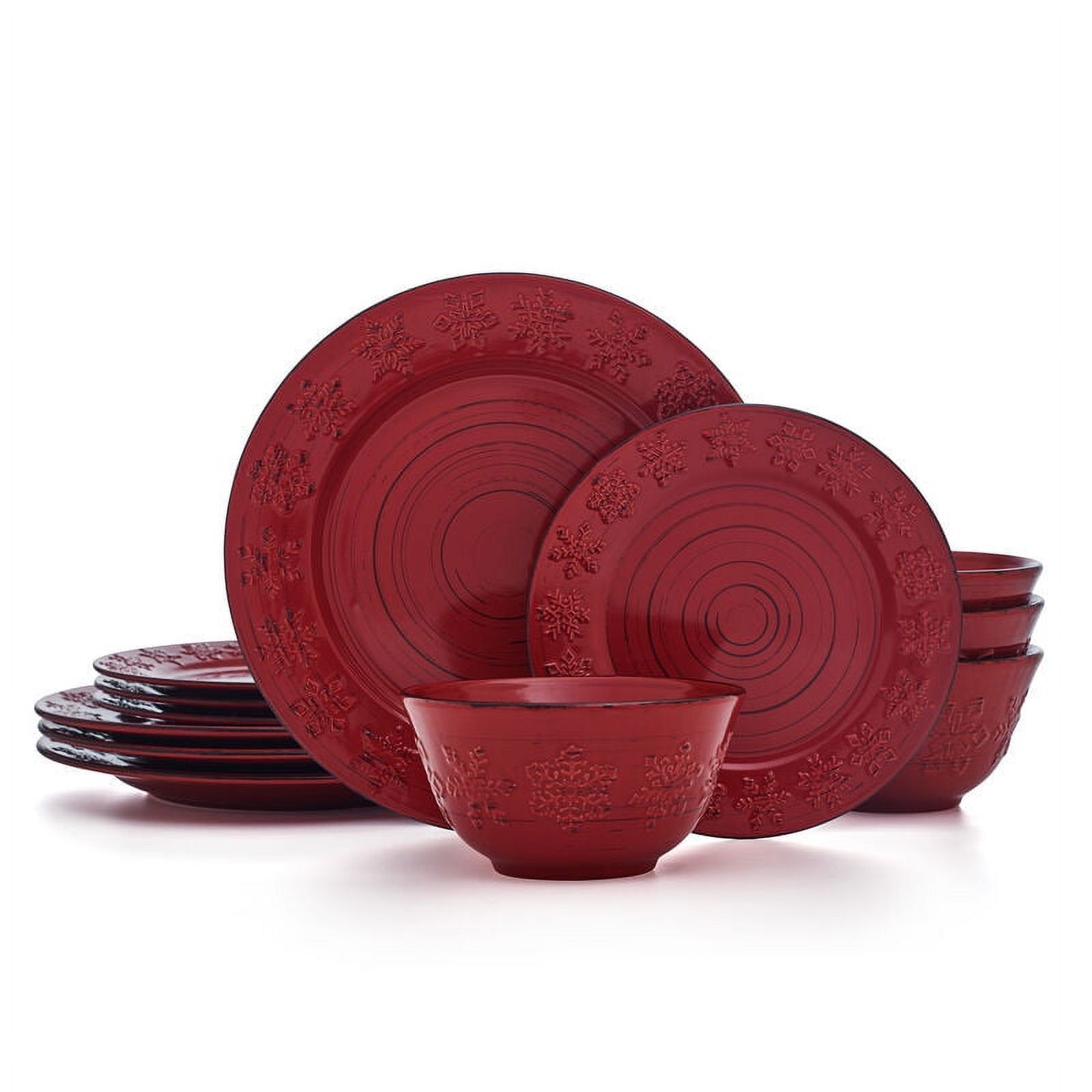 Red Ceramic Trellis Snowflake 12-Piece Dinnerware Set