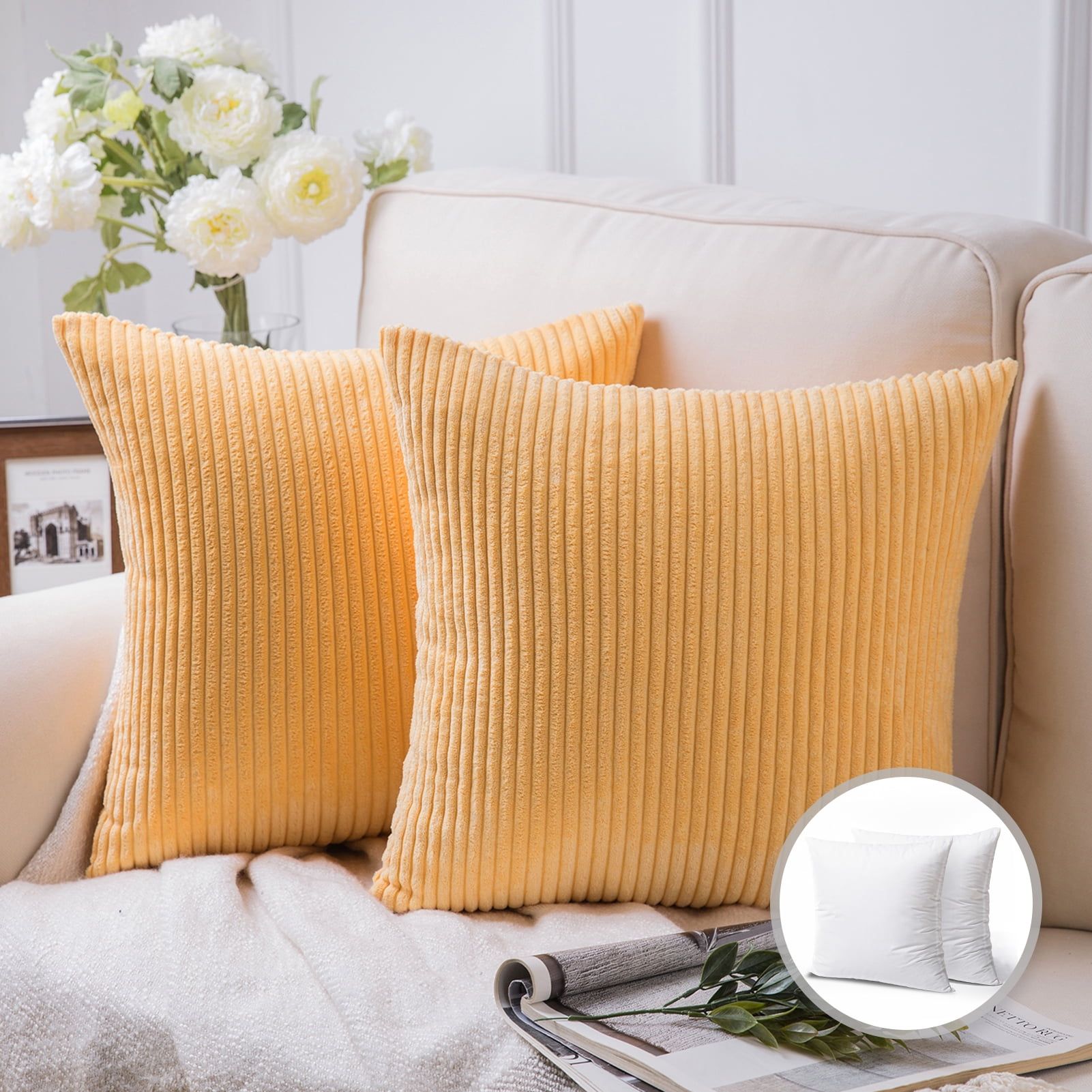 Beige Corduroy Striped Velvet Decorative Throw Pillow Set, 18" x 18"