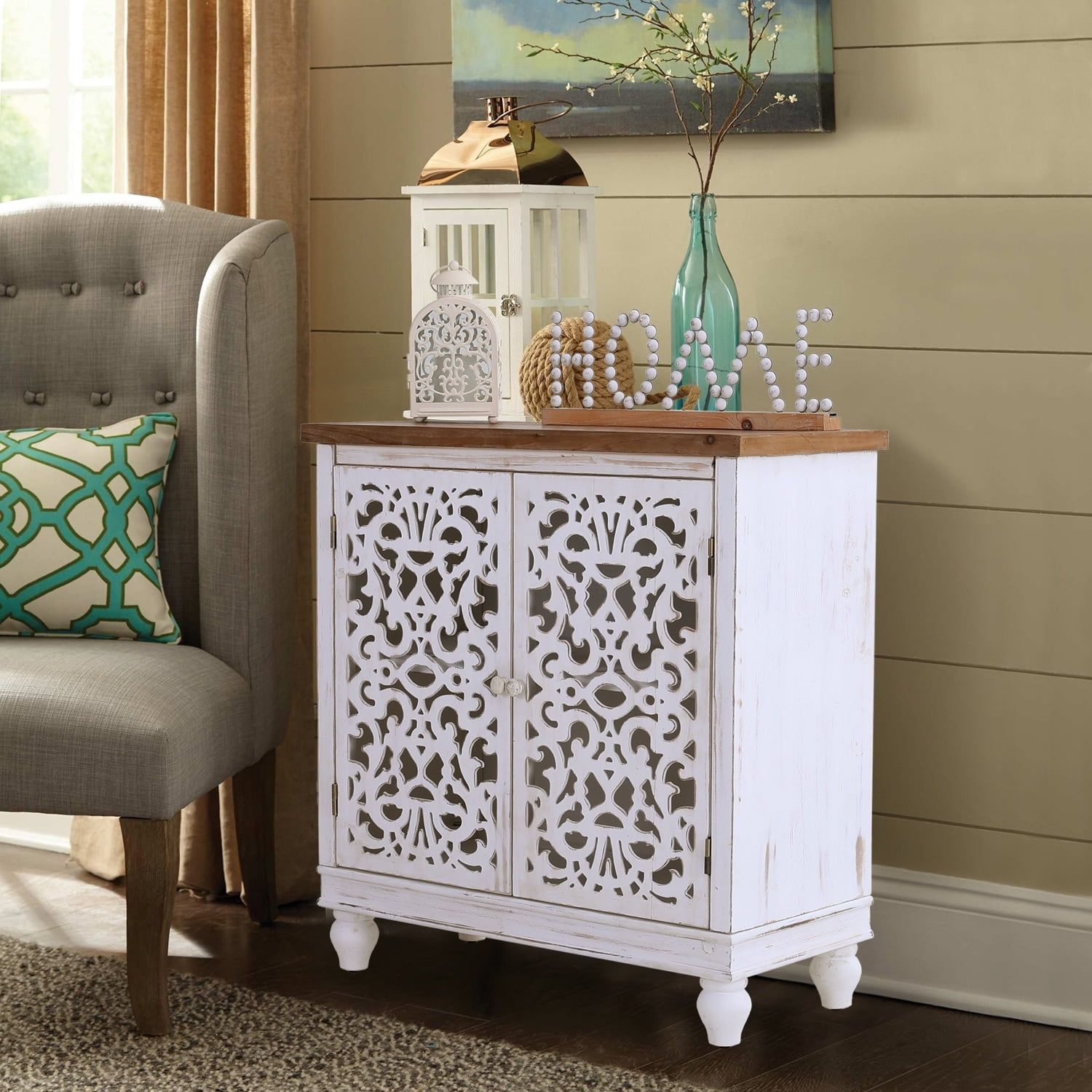 White Intricate Cutout Pattern 2-Door Storage Cabinet with Adjustable Shelves