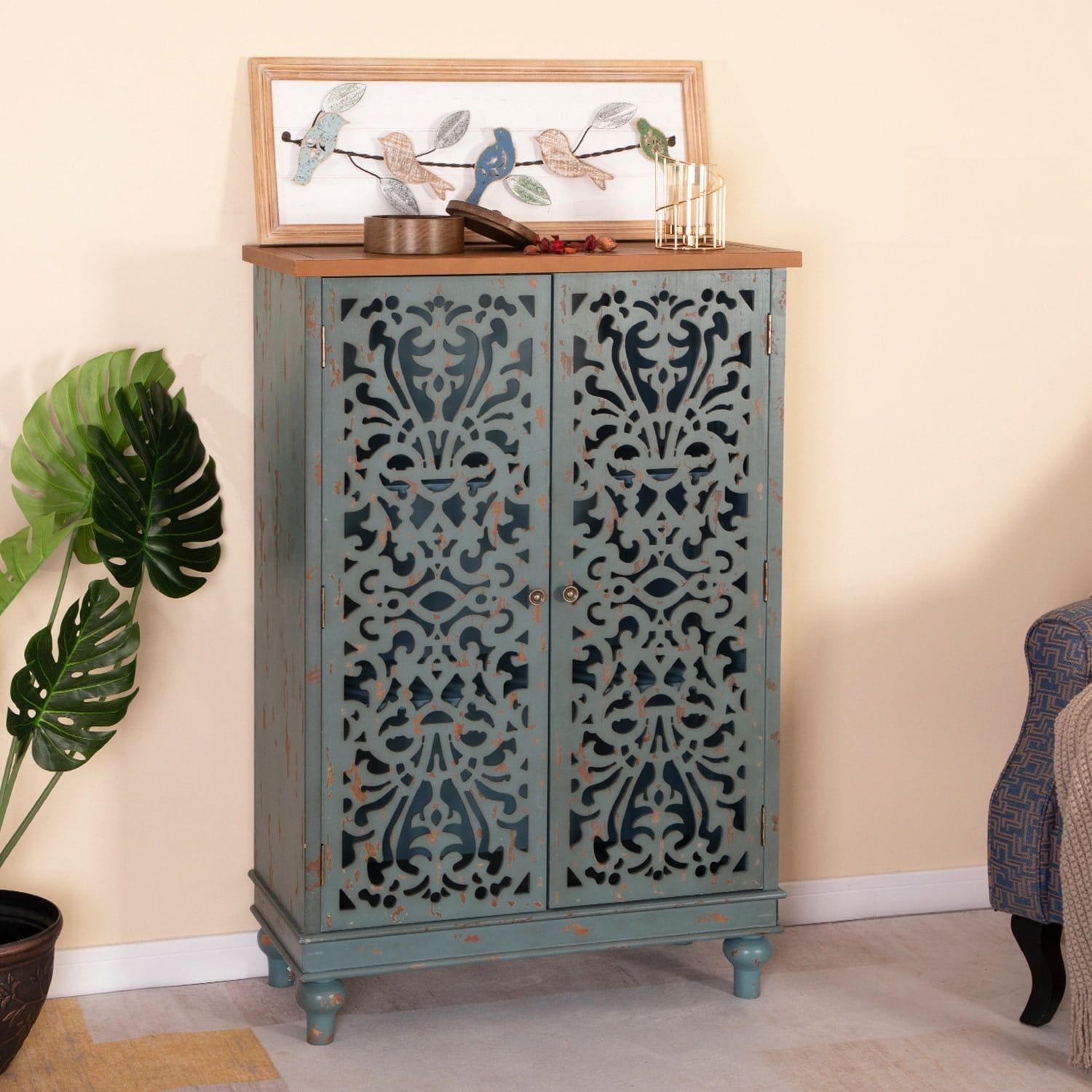 Blue Antique Hollow-Carved 2-Door Storage Cabinet with Adjustable Shelving