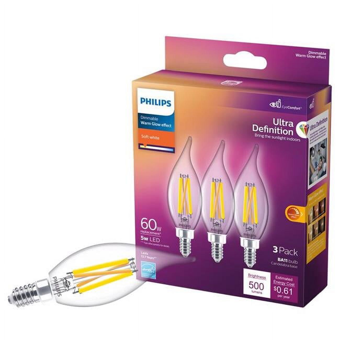 White Dimmable Energy Star LED Candelabra Bulb 60W Equivalent