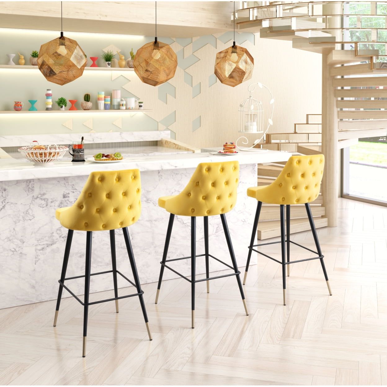 Elegant Yellow Velvet Bar Stool with Brushed Brass Legs