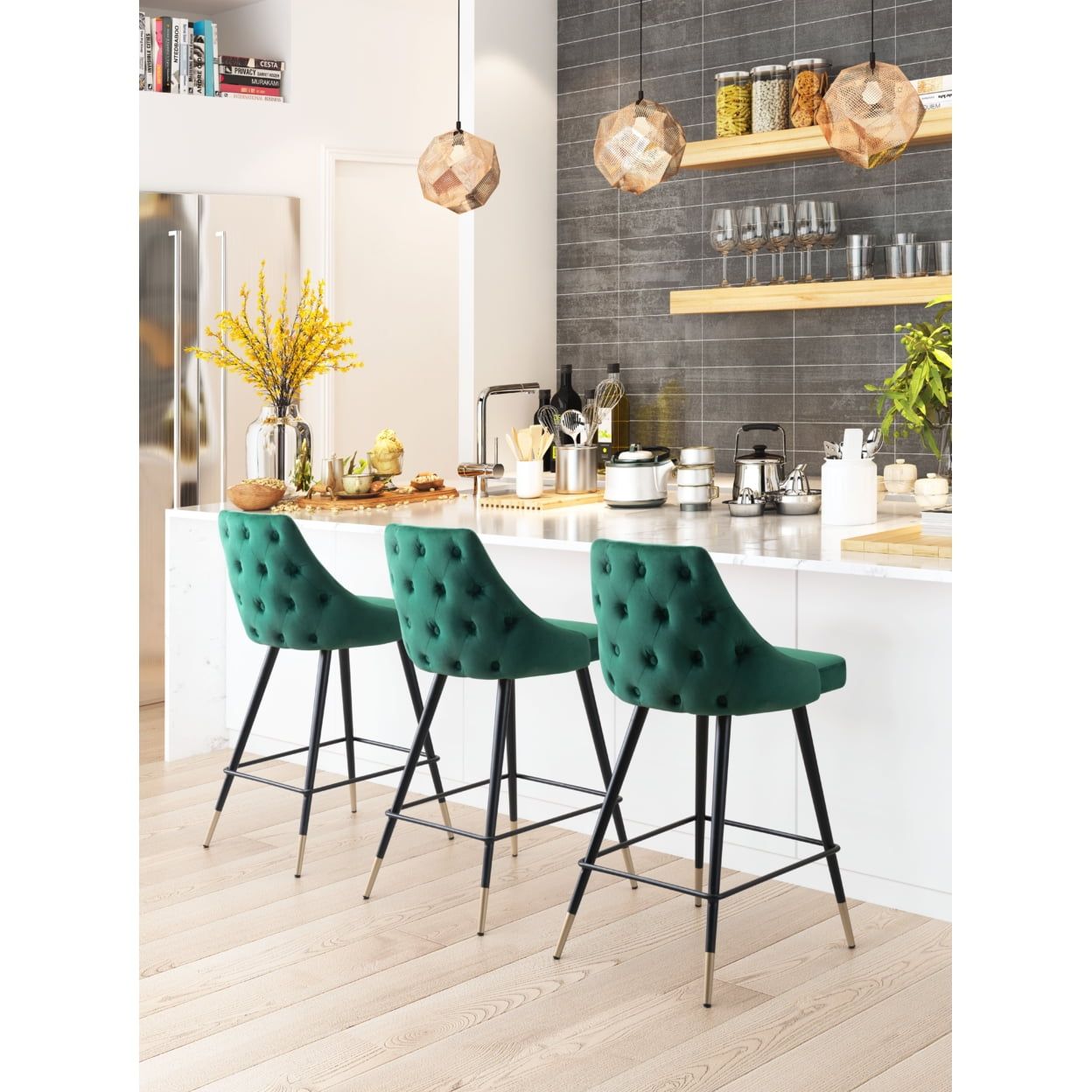 Modern Green Velvet Counter Stool with Brushed Brass Legs