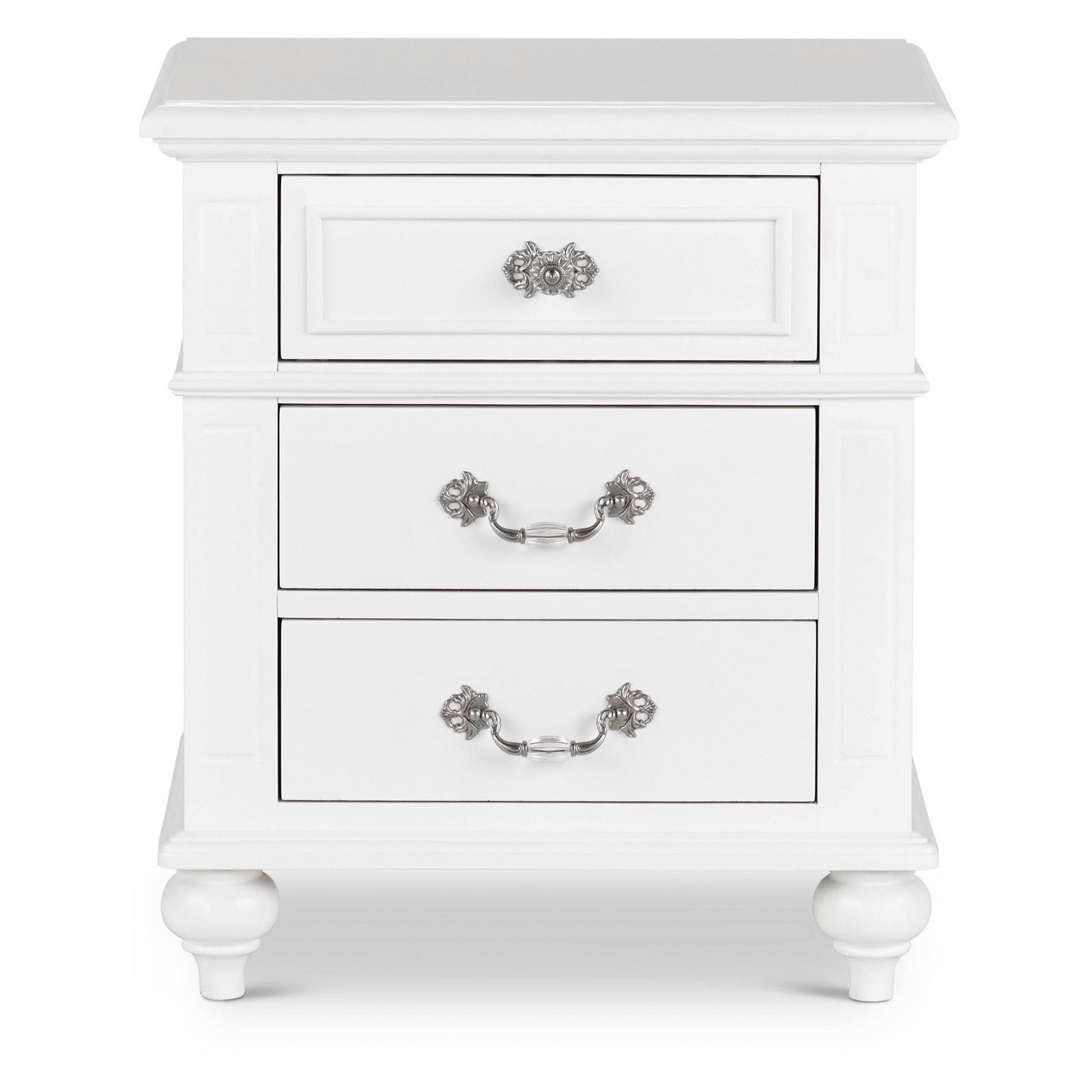 Charming French Country 3-Drawer White Nightstand with Crystal Knobs