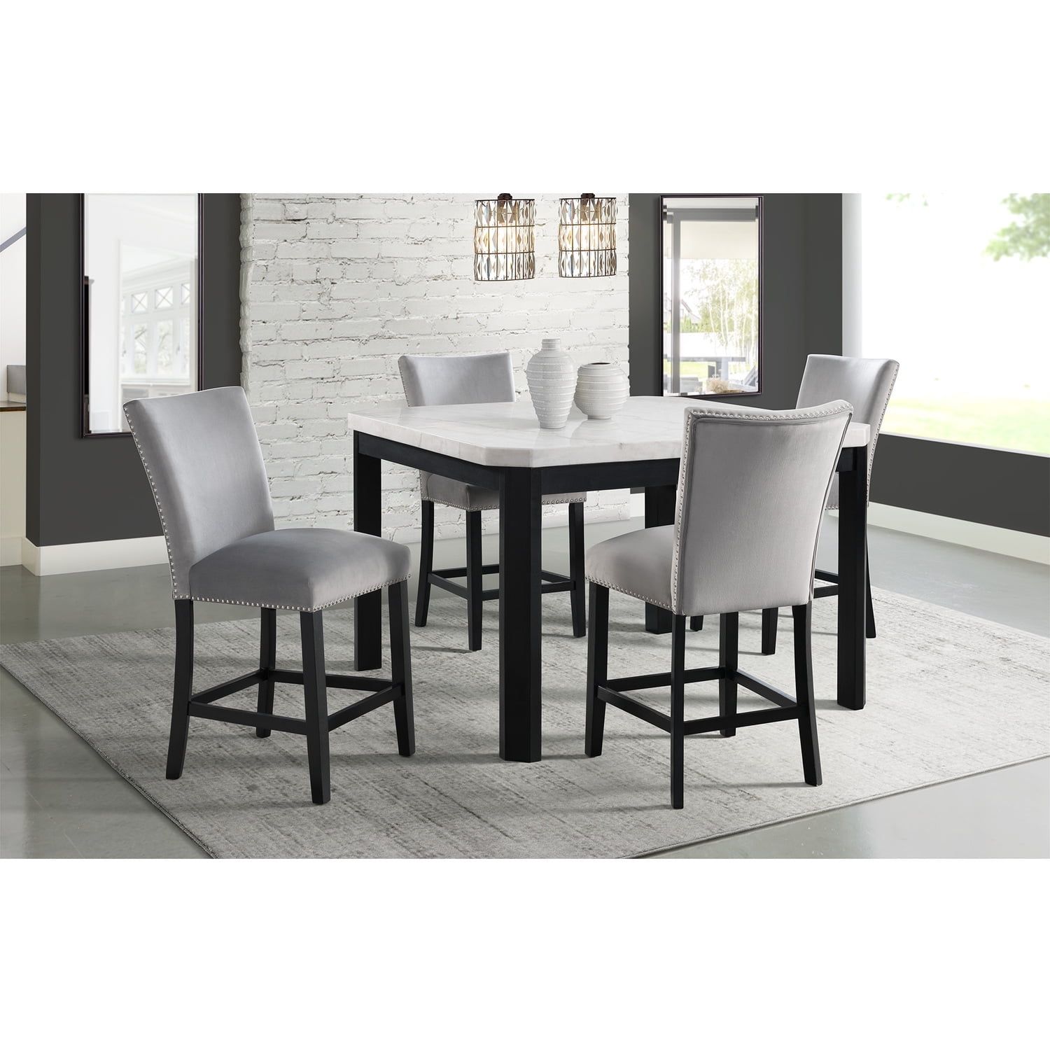 Celine White Marble Counter Height Dining Set with Gray Velvet Chairs