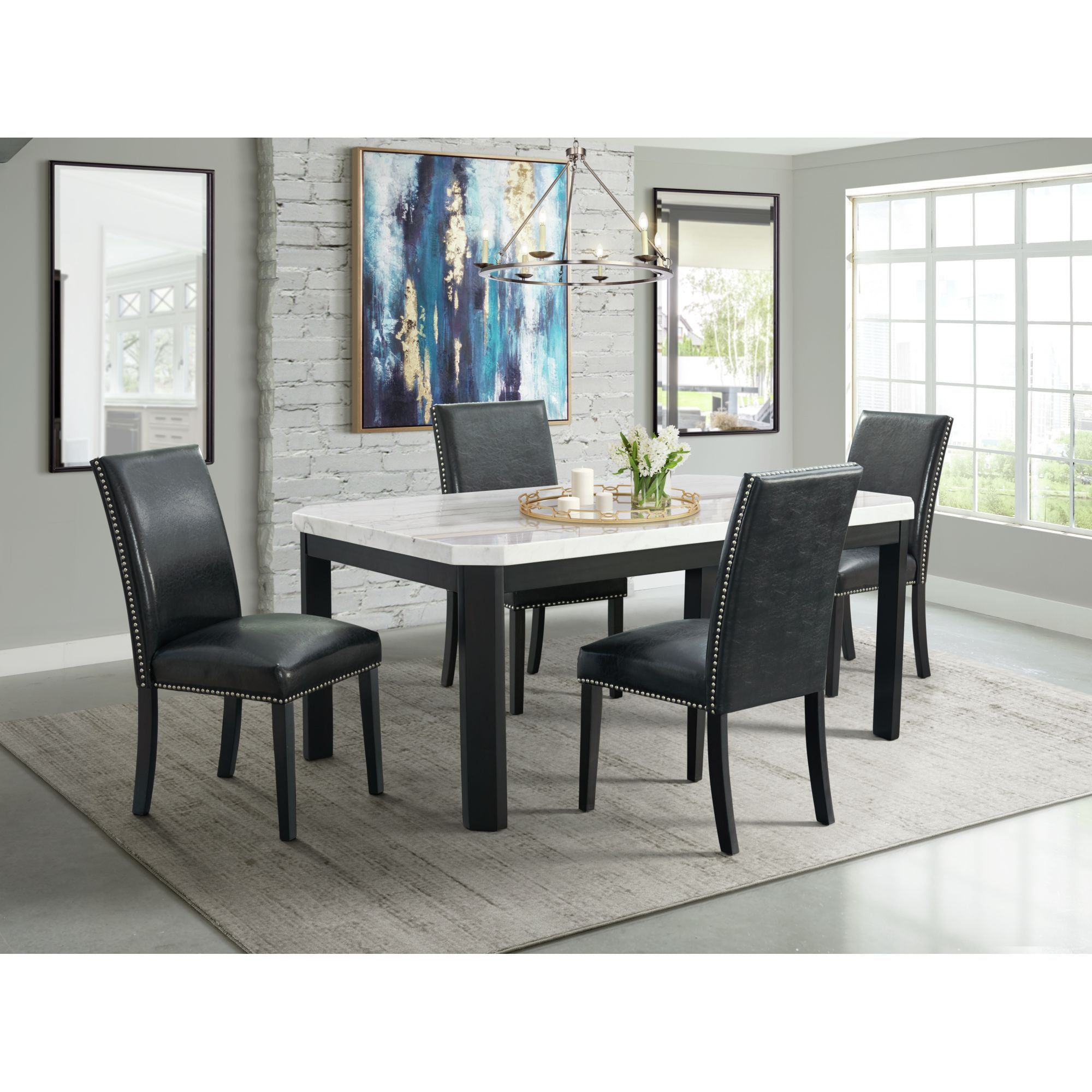 Celine White Marble Dining Set with Black Faux Leather Chairs