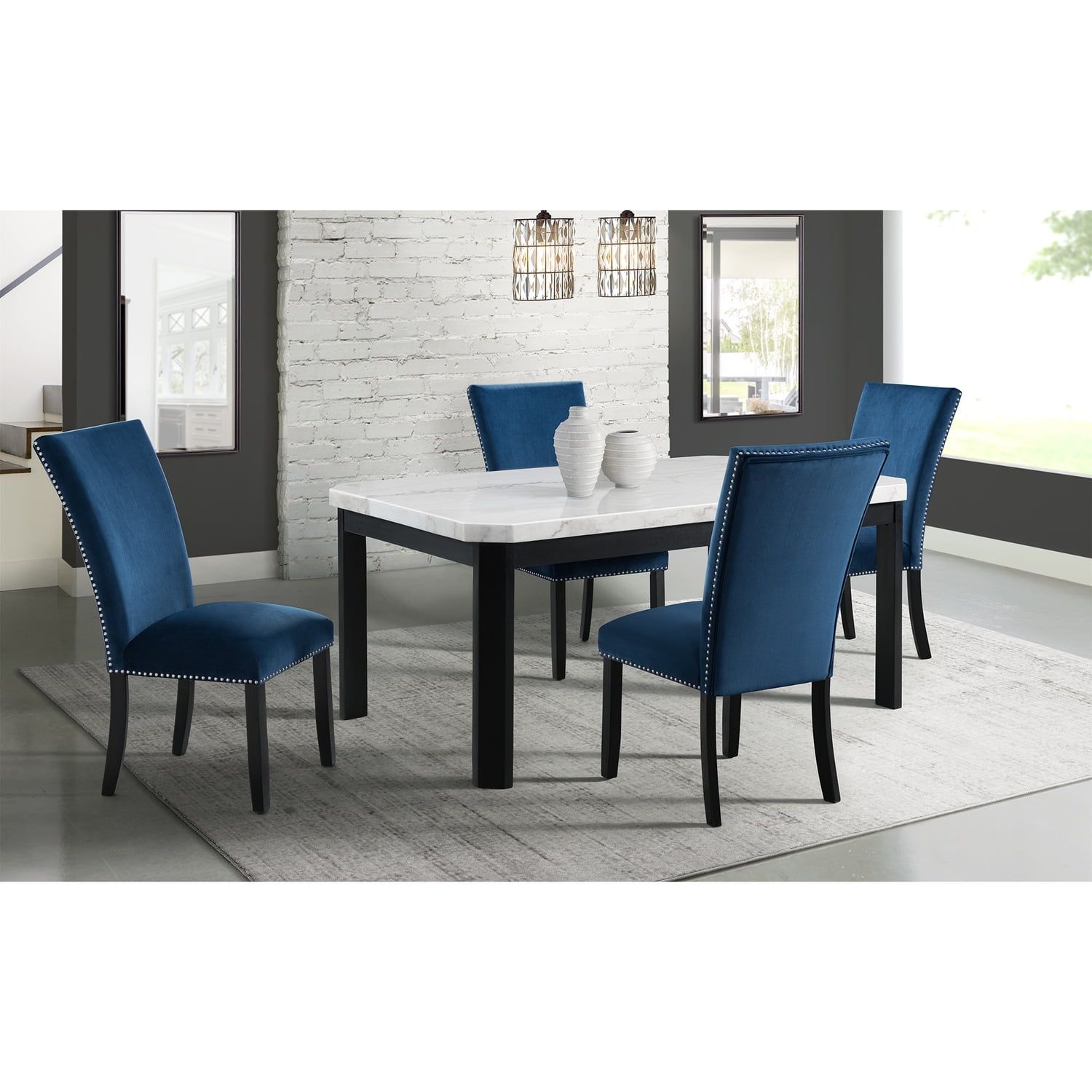 Celine White Marble Dining Set with Blue Velvet Chairs