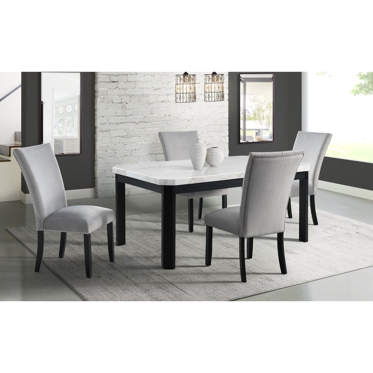 Celine White Marble Dining Set with Gray Velvet Chairs