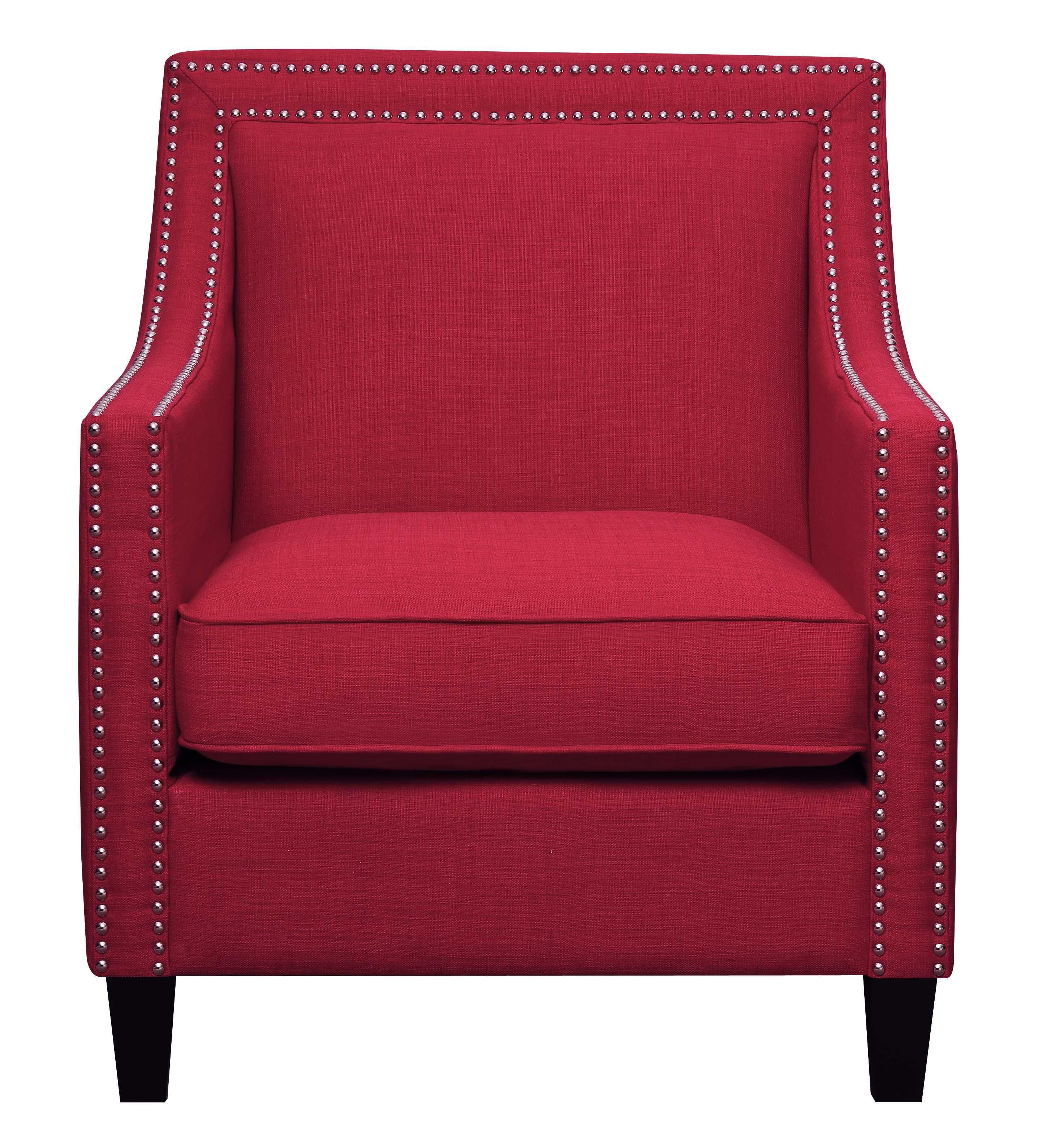Transitional Berry Red Solid Wood Accent Chair with Metal Stud Trim