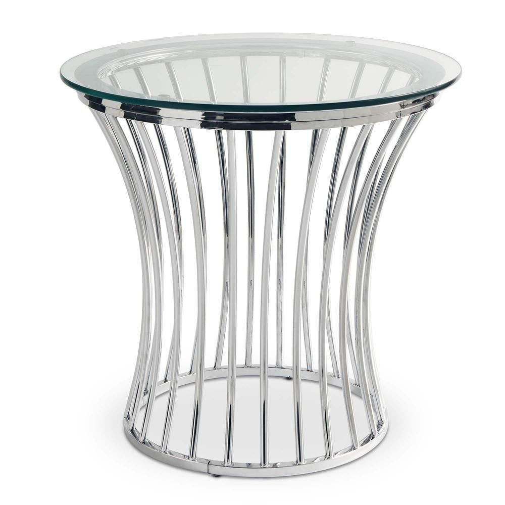 Chrome Round Metal and Glass End Table with Storage