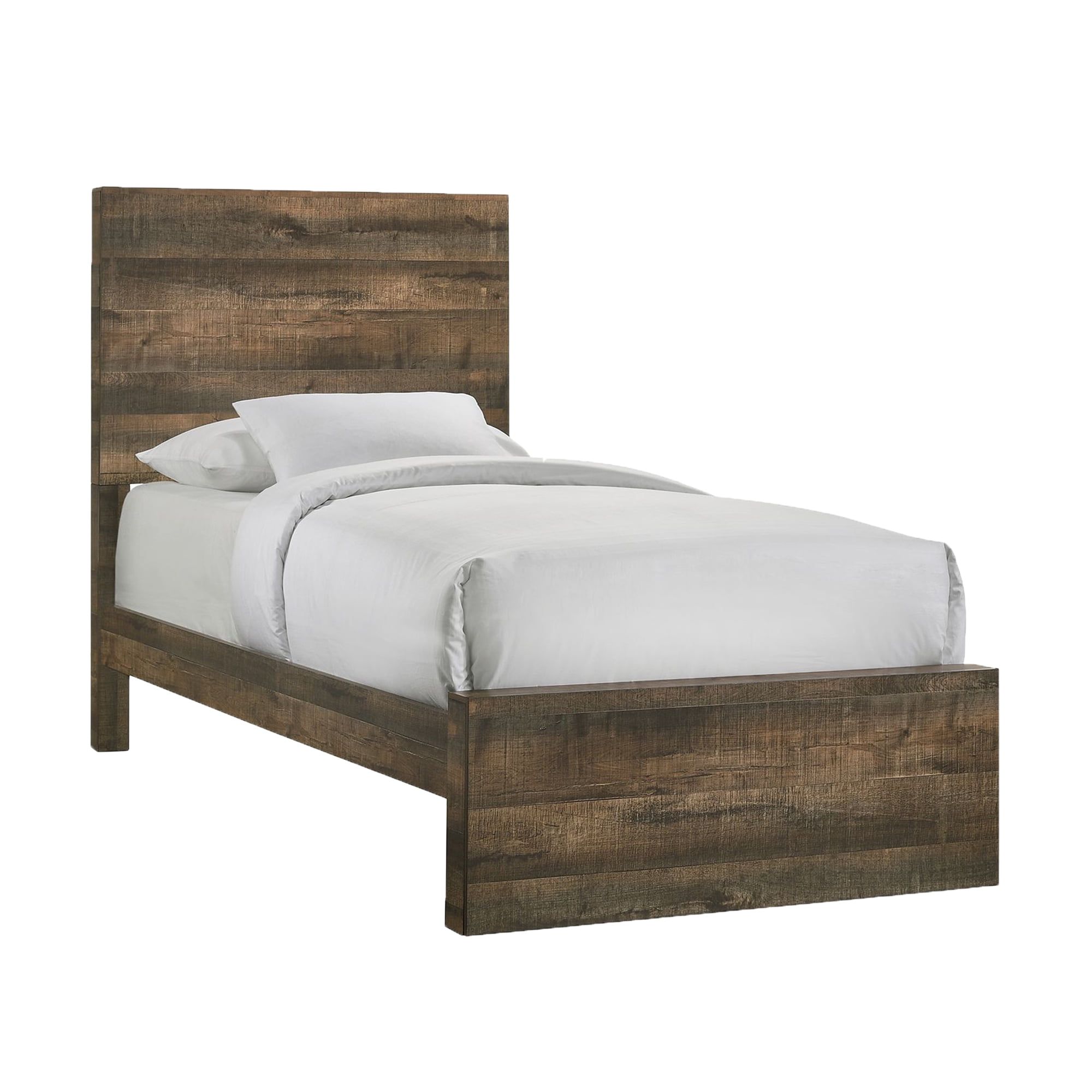 Rustic Brown Twin Wood Panel Bed with Headboard and Slats