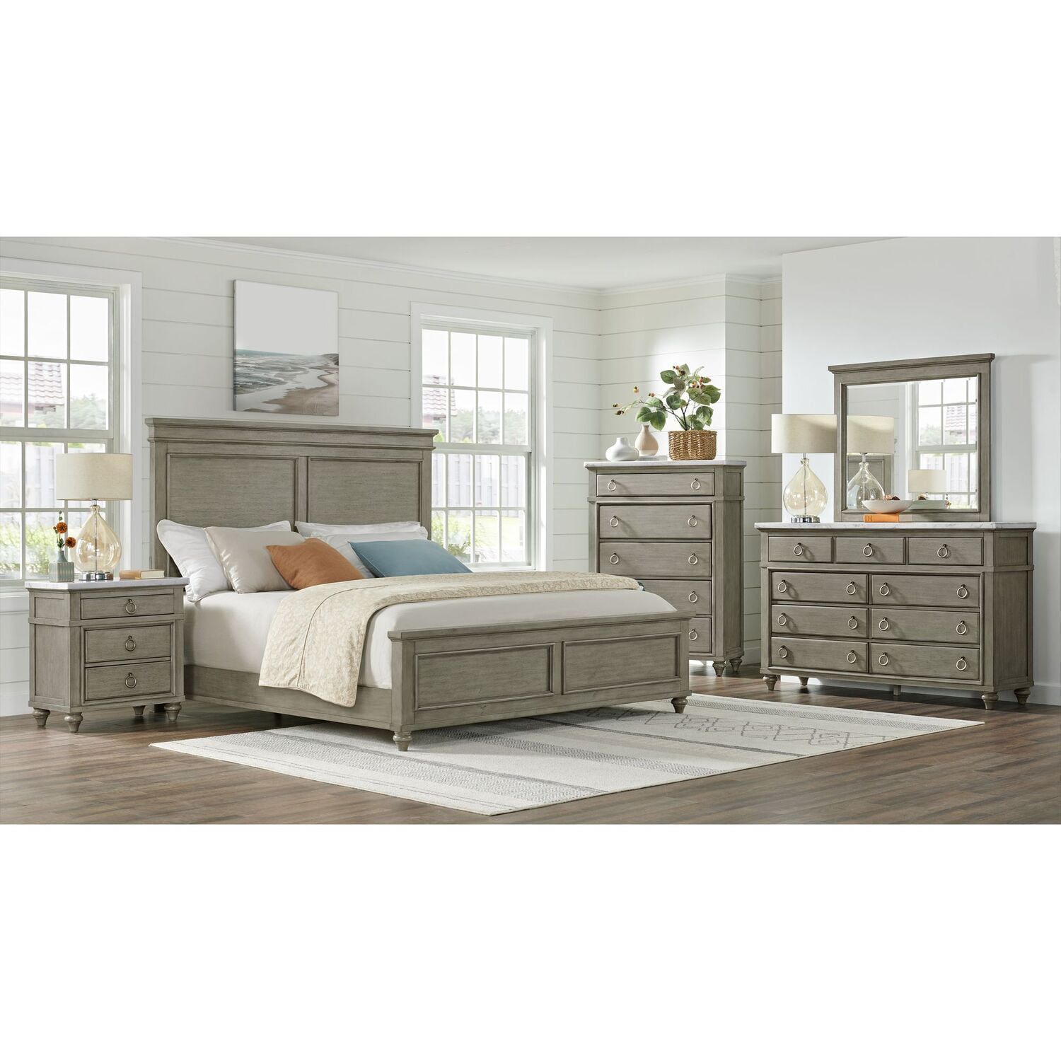 Light Gray Wood Queen Bed with High Headboard and Drawer